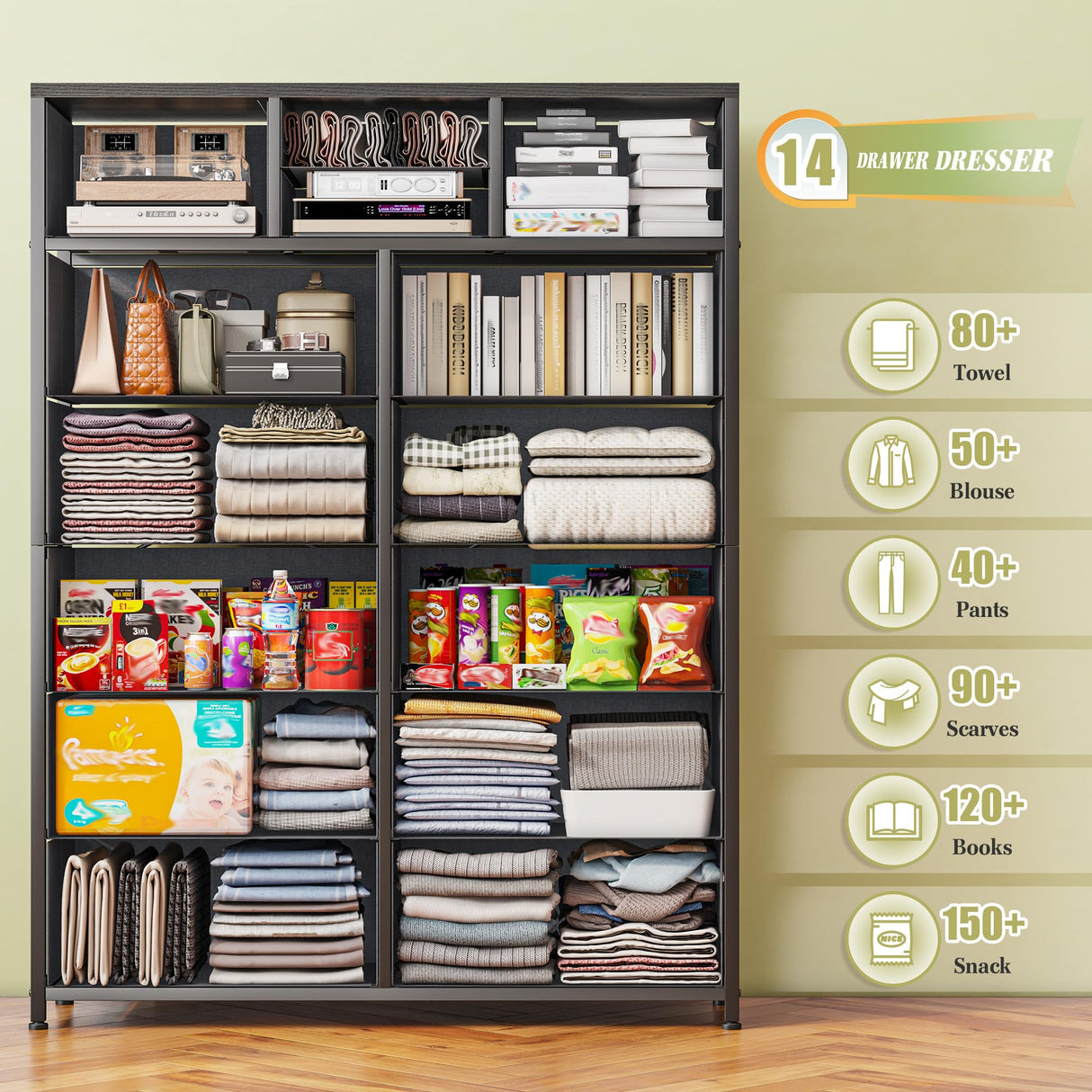 14 Drawer Dresser, Tall Fabric Dressers & Chest of Drawers, Large Bedroom Dresser for Bedroom, Closets, Living Room, Entryway, Wooden Top, Metal Frame, 52.2" H x 37.4" W x 11.8" D, Grey EnHomee