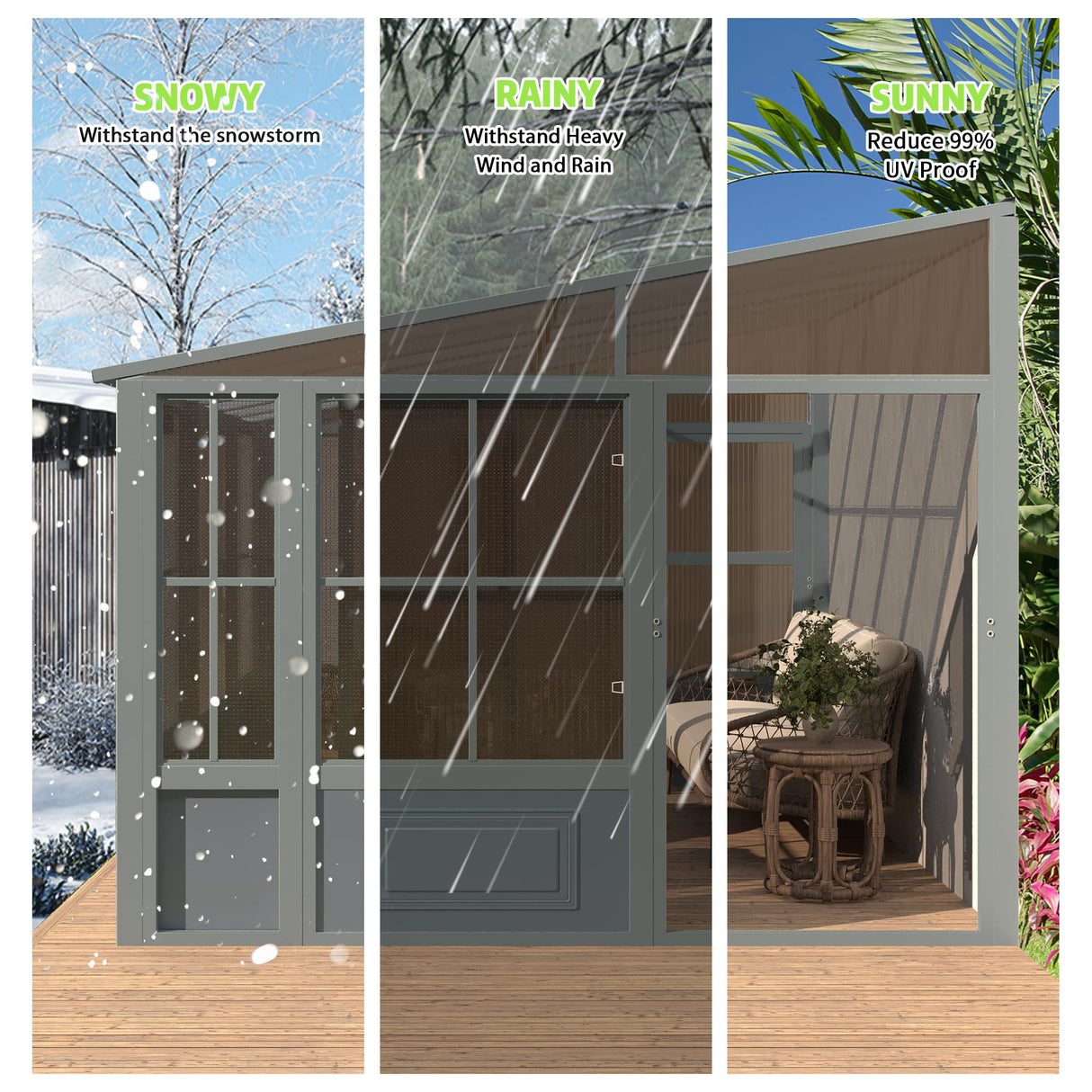 EROMMY 10' x 12' Sunroom, Wall Mounted Gazebo Solarium with Aluminum Frame, Polycarbonate Roof, Permanent Sun Room with Sliding Doors, Lockable PC Screen Walls, Lean to Gazebo for Garden, Patio, Deck EROMMY