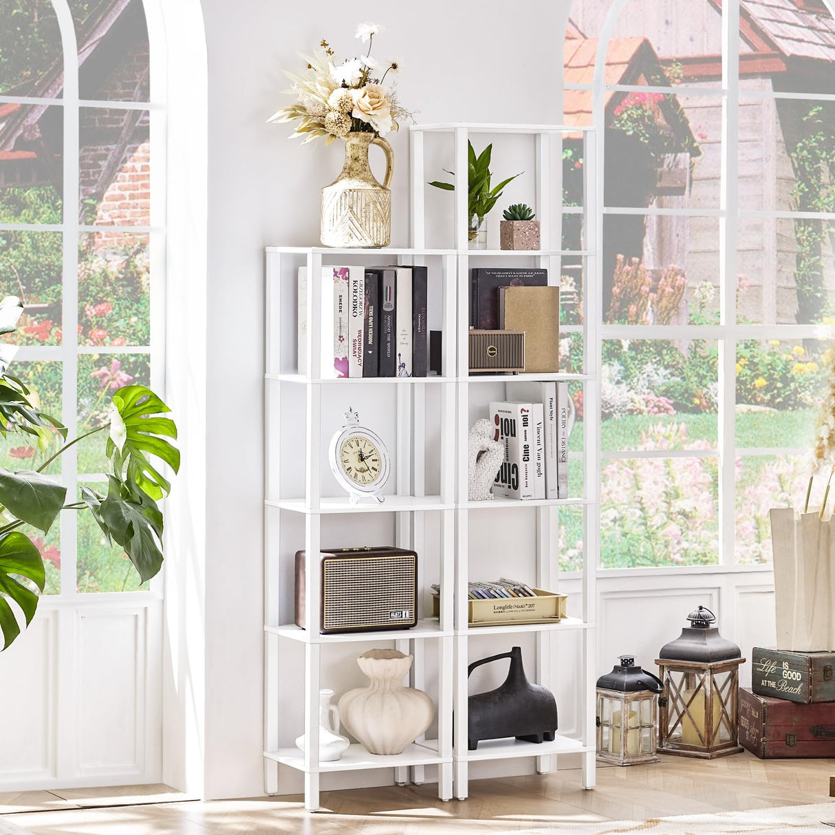 YUFAM 54in Tall Bookshelf 5-Tier Small Narrow Bookcase, Skinny Book Shelf for Small Space, Farmhouse Slim Shelf with Storage, Wood Freestanding Display Thin Bookshelves for Living Room, Office, White YUFAM