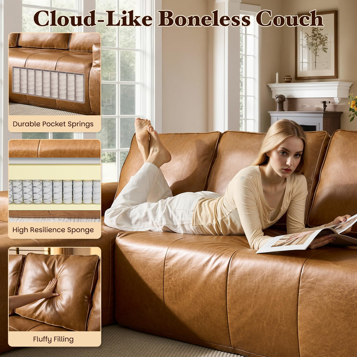 114" Boneless Couches for Living Room, Brown Faux Leather Cloud Sectional Couches with Chaise, Deep Seat L Shaped Modular Sofa, No Assembly Required Sofas in a Box (Left,Faux Leather,Brown) weaxty W