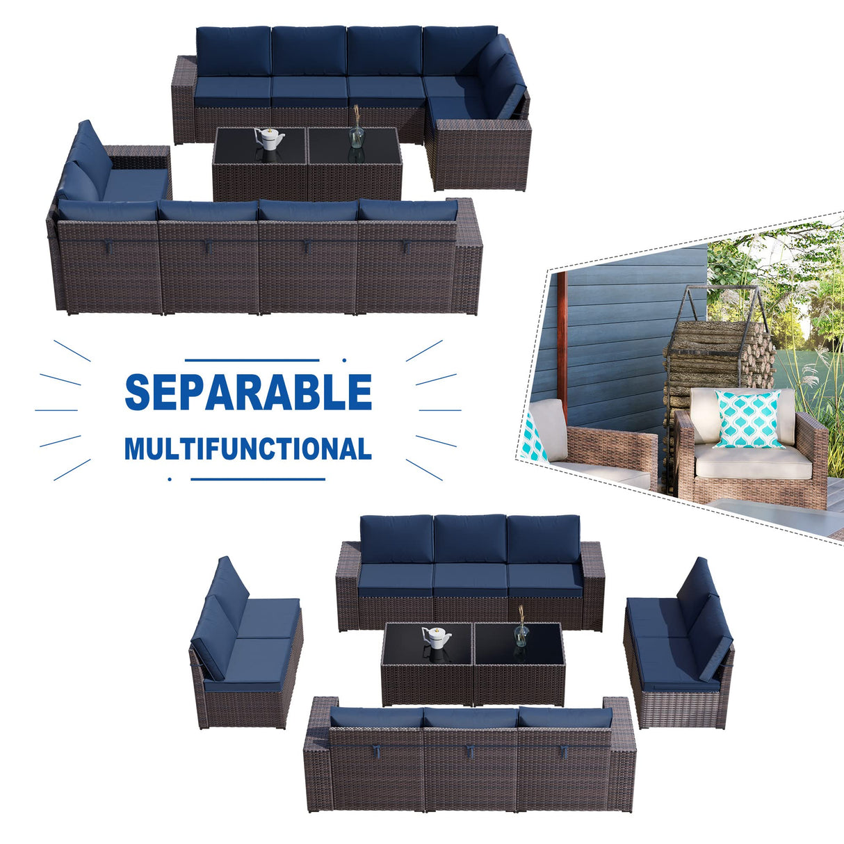 Kullavik Outdoor Patio Furniture Set 12 Pieces Sectional Rattan Sofa Set Brown PE Rattan Wicker Patio Conversation Set with 10 Navy Blue Seat Cushions and 2 Tempered Glass Table Kullavik