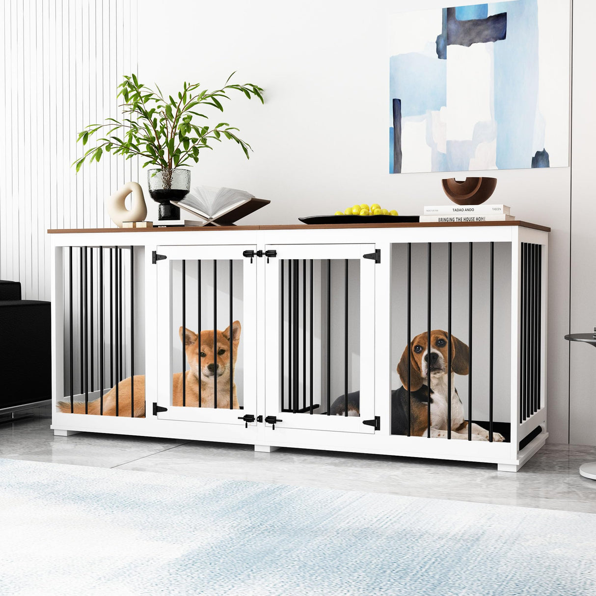 DAWNSPACES Dog Crate Furniture 71" Heavy Duty Wooden Large Dog Kennel with Trays, Removable Divider, Indoor Furniture Style Dog Crate House W/Double Rooms for Large Medium Small Dogs, White DAWNSPACES