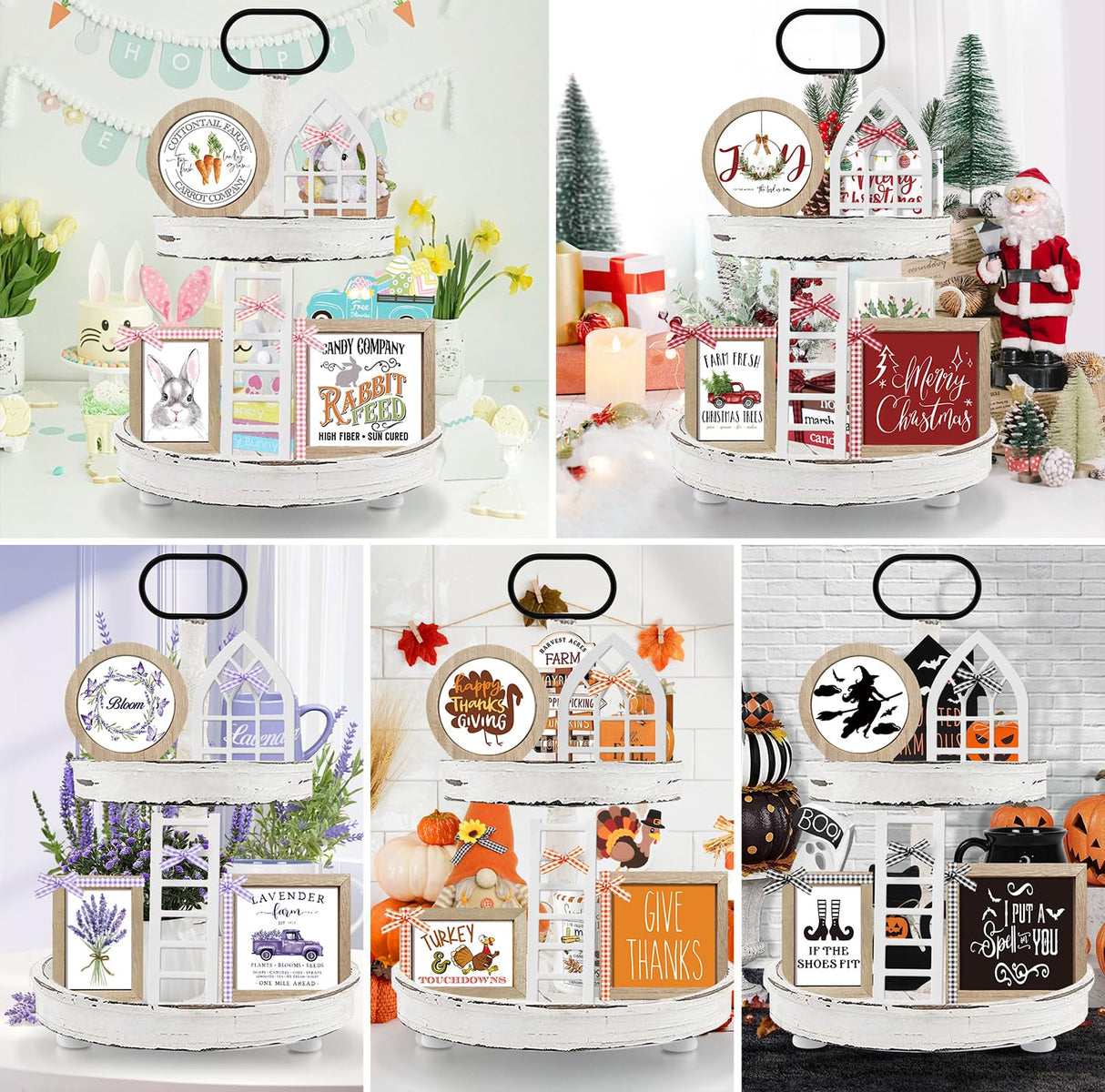 Farmhouse Christmas Tiered Tray Decor Set Year Round Seasonal Interchangeable Holiday Rustic Wooden Frames with Cards Ladder for Home Kitchen Table Decorations Centerpiece CRCZK