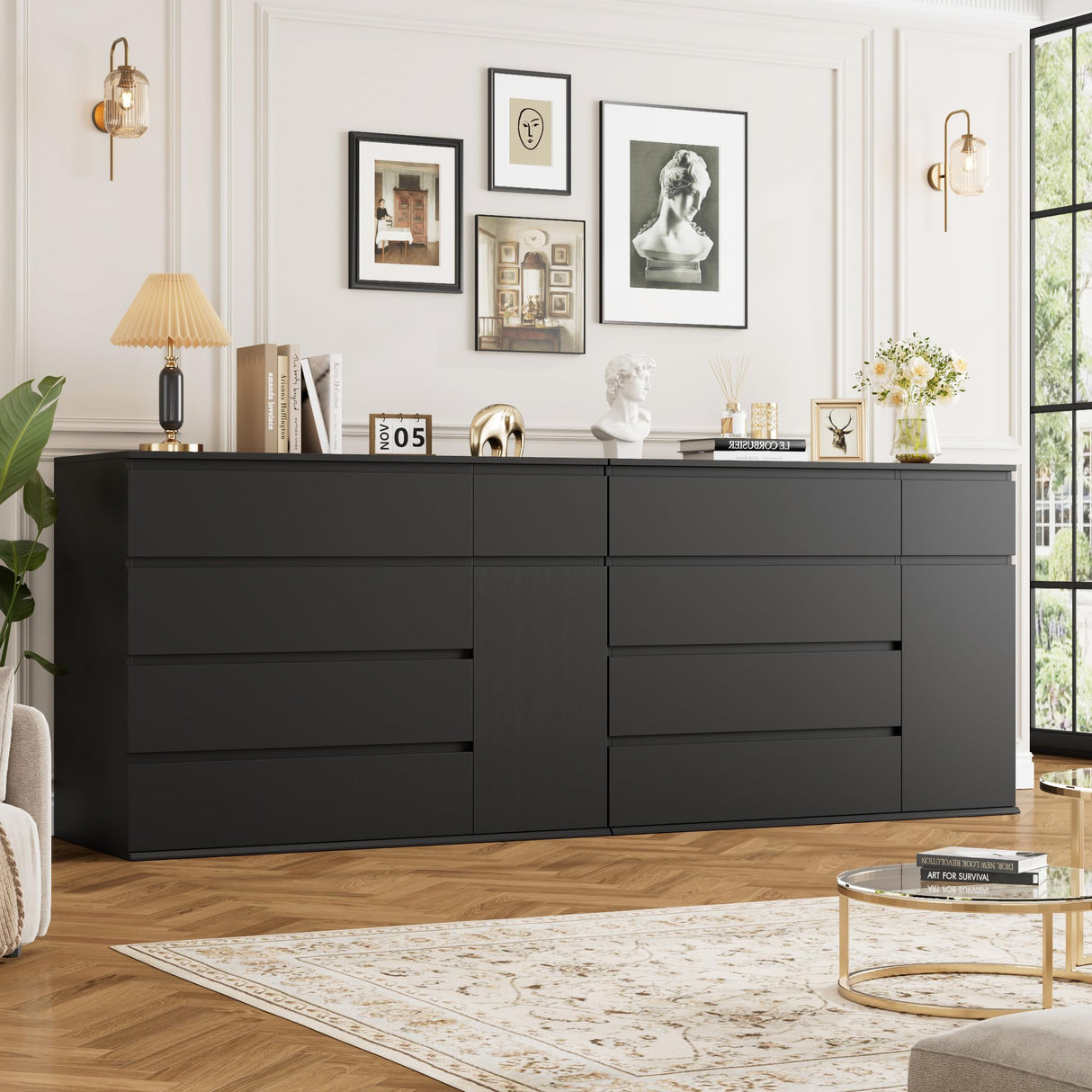 FOTOSOK 5 Drawer Dresser, Black Dresser for TV Stand, Double Wide Storage Chest of Drawers with Door, Deep Drawers and Wide Storage Space FOTOSOK
