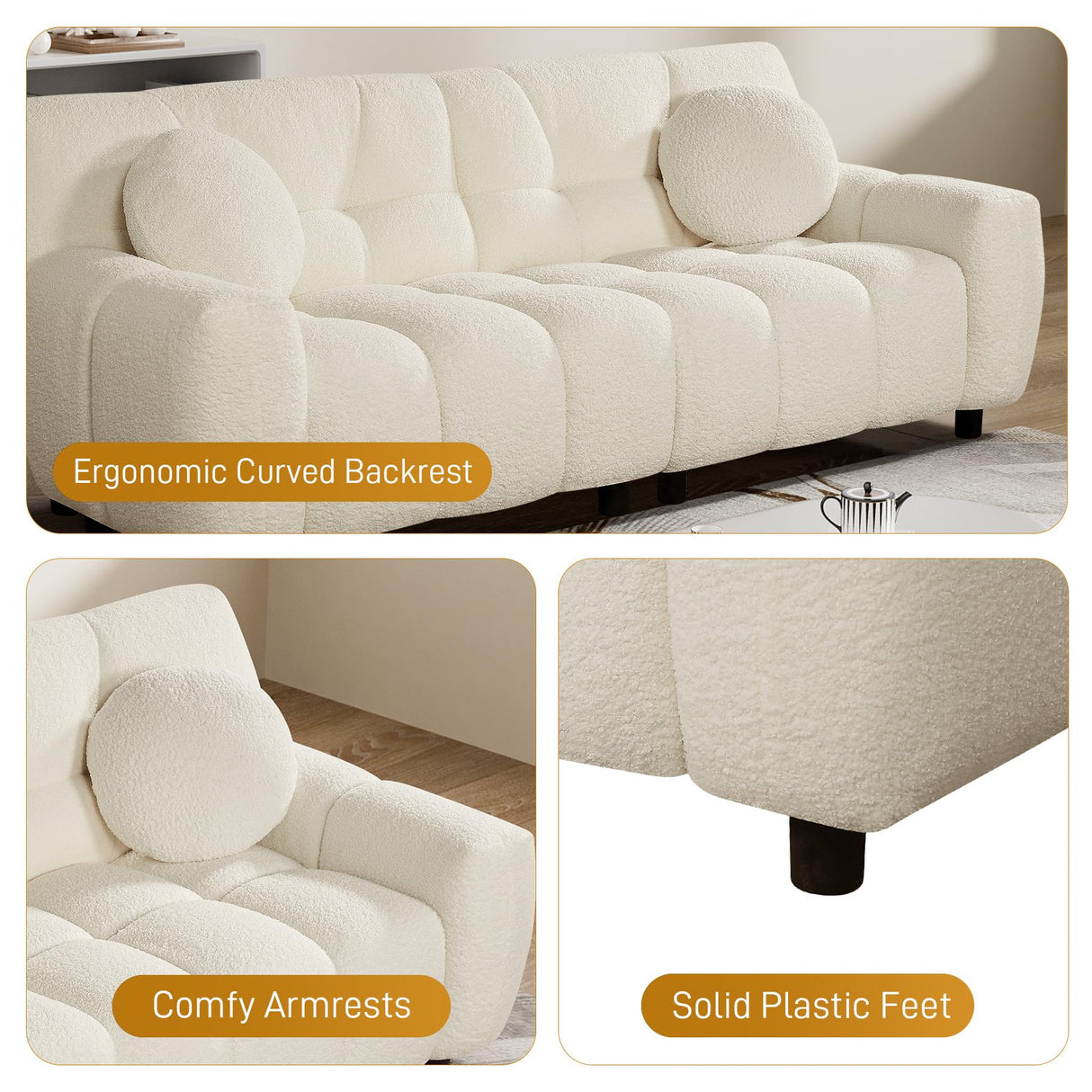 Nolohoo Boucle Cloud Sofa Couch, Comfy Deep Seat Sherpa Couch, 72.8" Upholstered Cozy Teddy 2 Seat Marshmallow Couch with 2 Pillows, Oversized Loveseat Sofa for Living Room, Bedroom, Cream White Nolohoo