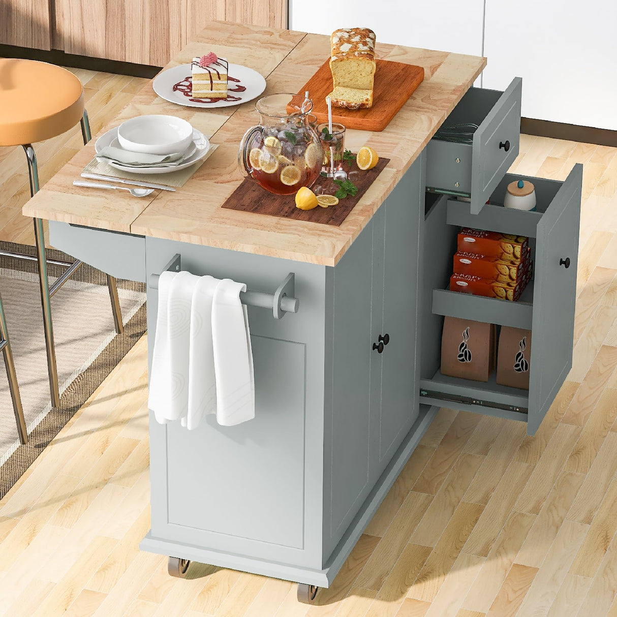 Merax Rolling Kitchen Island Cart on Wheels, Modern Kitchen Storage Cabinet with Drop Leaf & Big Drawers, Portable Island Table with Tower Rack for Dining Living Room, 28" Wide Countertop, Blue Merax