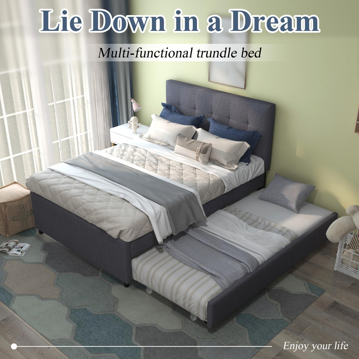 civama Full Bed with Trundle, Upholstered Full Over Twin Pull Out Platform Bed with Soft Linen Headboard & Wooden Slat Support for Bedroom Apartment, No Box Spring Needed, Grey civama