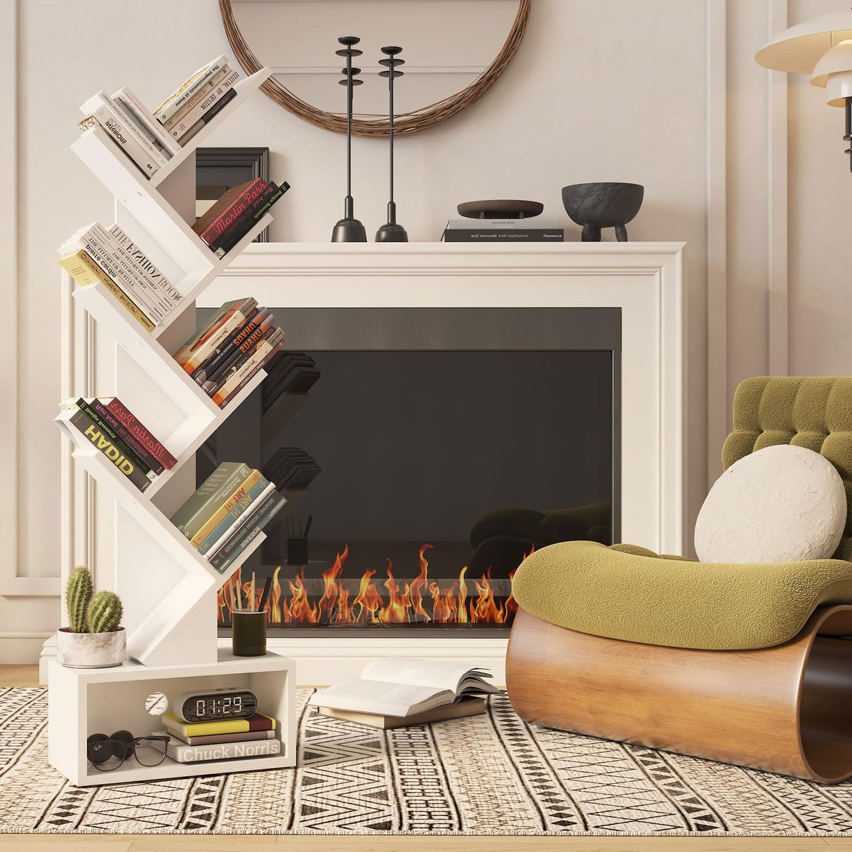 YMYNY 6 Tier Tree Bookshelf, Tall Bookcase, Wood Book Storage Rack with Drawer, Modern Floor Standing Book Shelf for Books/Movies/CDs, Utility Organizer for Living Room, Home Office, White UHBC016W YMYNY