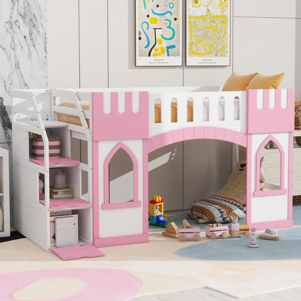 Merax Toddler Loft Bed, Twin Size Loft Bed with Storage Staircase and Window,Low Loft Bed Frame with Full Guardrail, Pink Merax