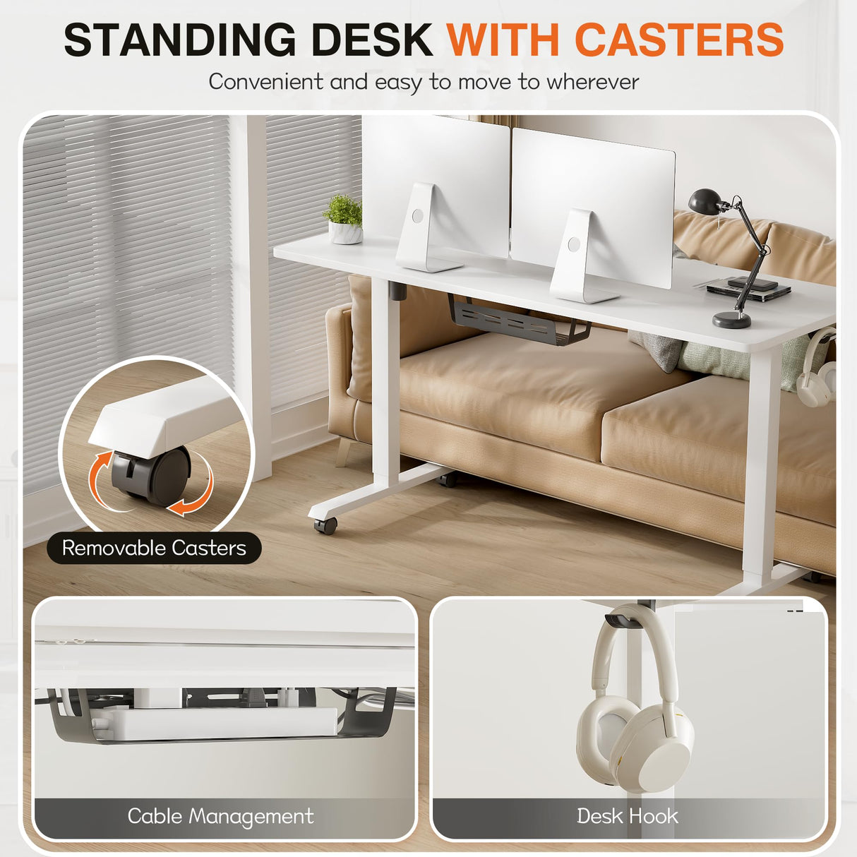 Furmax Electric Standing Desk, 59 x 24 Inches Height Adjustable Desk with Wheels, Home Office Computer Desk with Management Box (White) Furmax