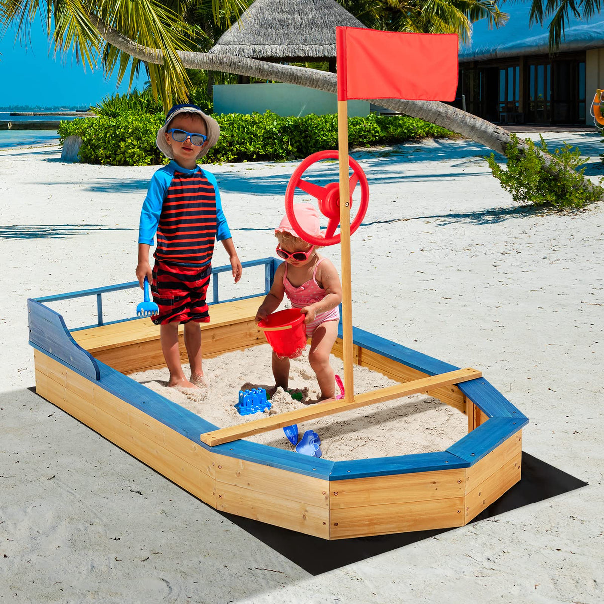 HONEY JOY Pirate Ship Kids Sandbox, Wooden Bottomless Sand Boat with Liner, Sand Pit w/Realistic Flag & Steering Wheel, Storage Bench Seat w/Backrest, Outdoor Sand Boxes for Kids Backyard HONEY JOY