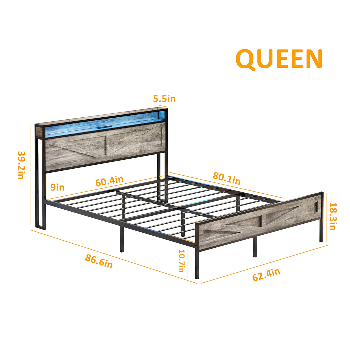 Halitaa LED Queen Size Bed Frame with USB Charging Ports and Storage - Farmhouse Design in Wash Grey Halitaa
