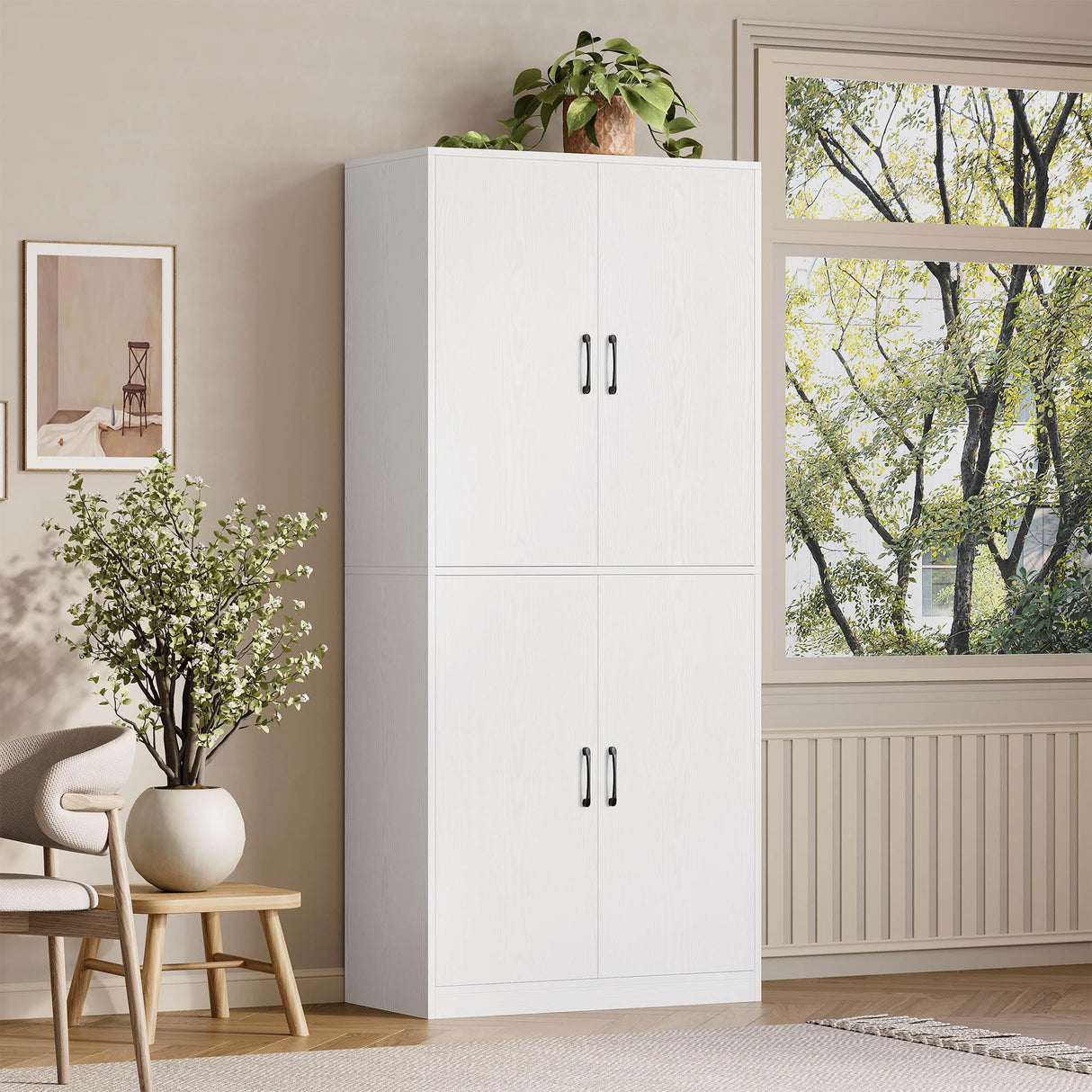 IRONCK 71" Kitchen Pantry Storage Cabinet with Storage Rack, Pegboard Doors, 4 Adjustable Shelves, Food Pantry Cabinet, Freestanding Tall Cupboard for Dining Room, Kitchen, White IRONCK