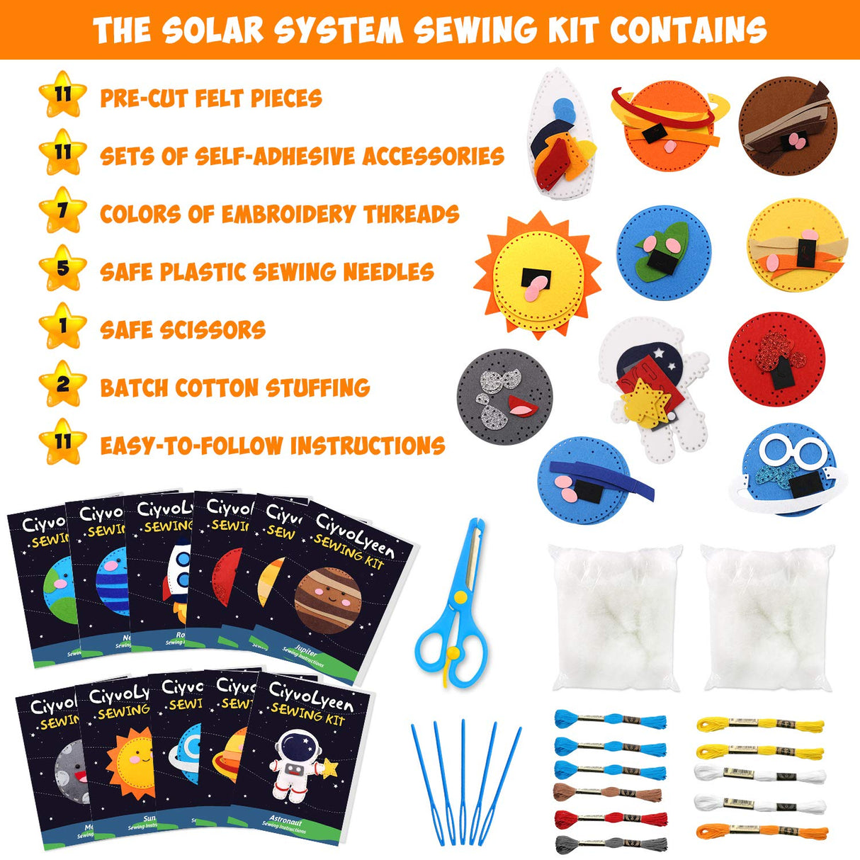 CiyvoLyeen Space Sewing Kit for Kids Solar System DIY Activity Kids Felt Craft Supplies for 7 8 9 10 11 12 Girls and Boys Educational Beginners Sewing Set of 11 CiyvoLyeen