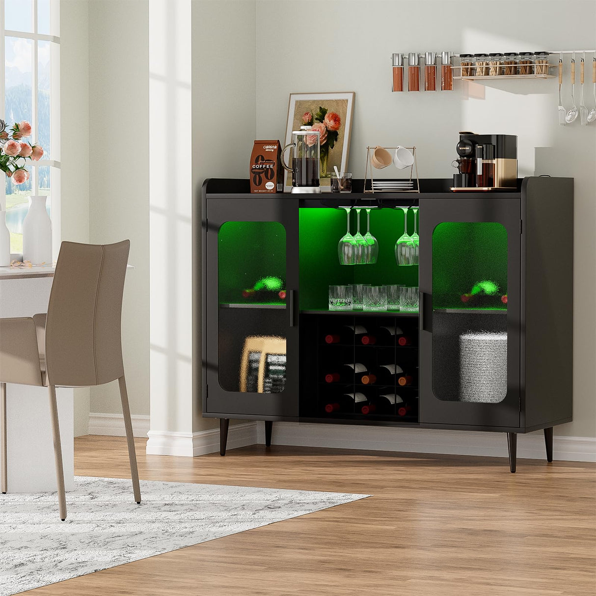 Hyomdeck Liquor Cabinet Bar with Power Outlet and LED Light, Wine Bar Cabinet with Wine and Glasses Rack, Home Coffee Bar Cabinet, Buffet Sideboard with Storage Shelf for Kitchen, Dining Room, Black Hyomdeck