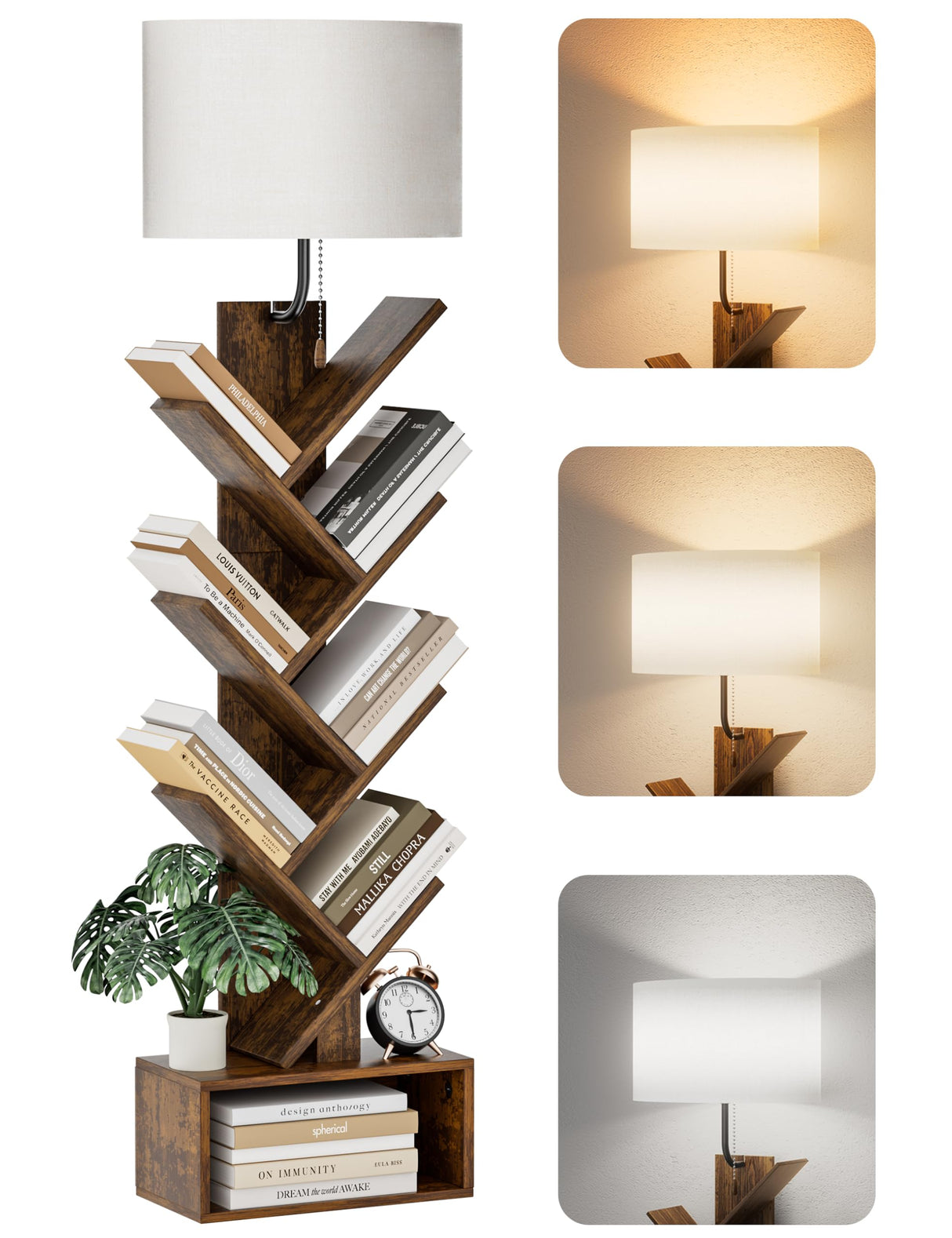 TabHolderix 6 Tier Tree Bookshelf with Light, Corner Tall Narrow Bookshelf, Small Bookcase with Storage Cabinet,Floor Standing Bookshelves Organizer for Bedroom/Living Room/Home Office, Rustic Brown TabHolderix