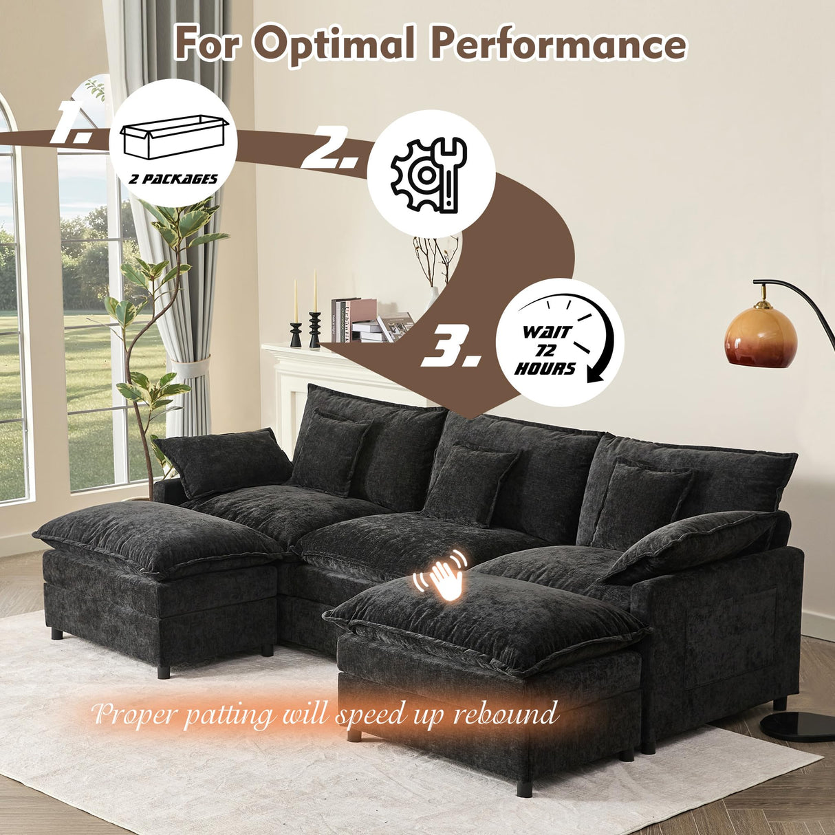 GOSUHI 108" U Shaped Couch, Modular Sectional Sofa, 3-Seater Comfy Cloud Couch with Movable Ottoman, Deep Seat Couches for Living Room, Chenille, Black GOSUHI