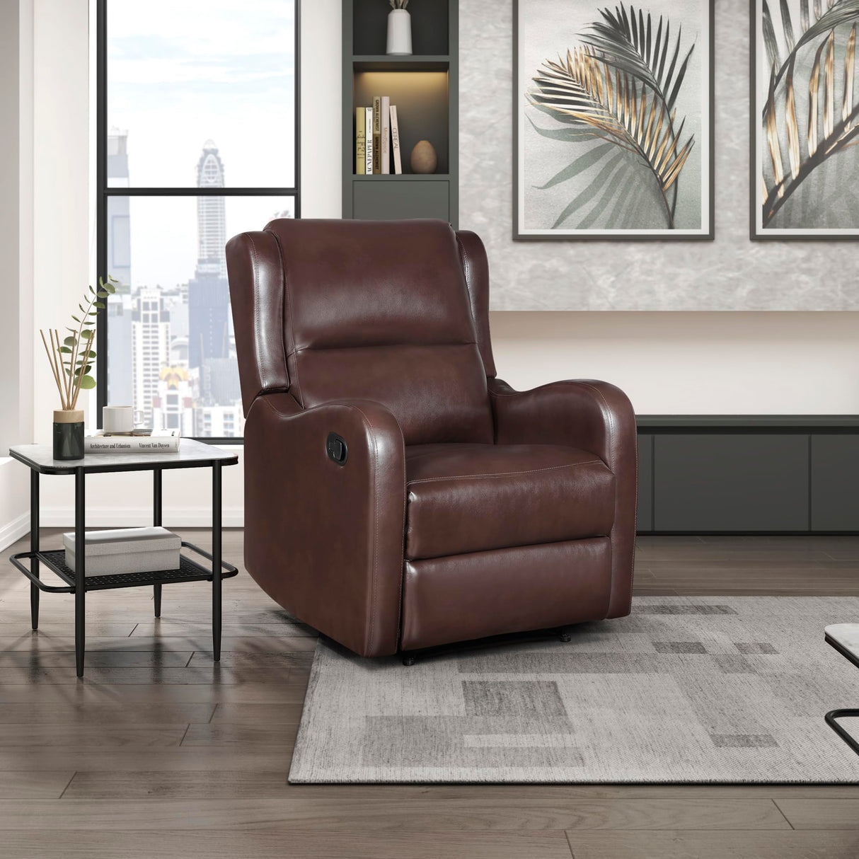 Lexicon Manual Recliner Chair, Reclining Sofa Chair, Home Theater Seating, Wall Hugger, Manual Recliner for Living Room/Office/Apartment, Easy Assembly, Brown Faux Leather Lexicon