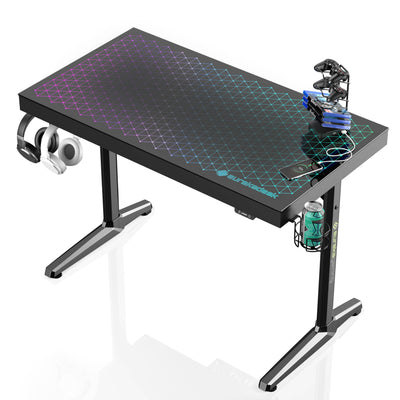 EUREKA ERGONOMIC RGB LED Gaming Desk, Music Sync Lights Up Tempered Glass Desktop, 43" GTG I43 Home Office Computer Table W Controller Rack 4 USB Charging Ports, APP Control