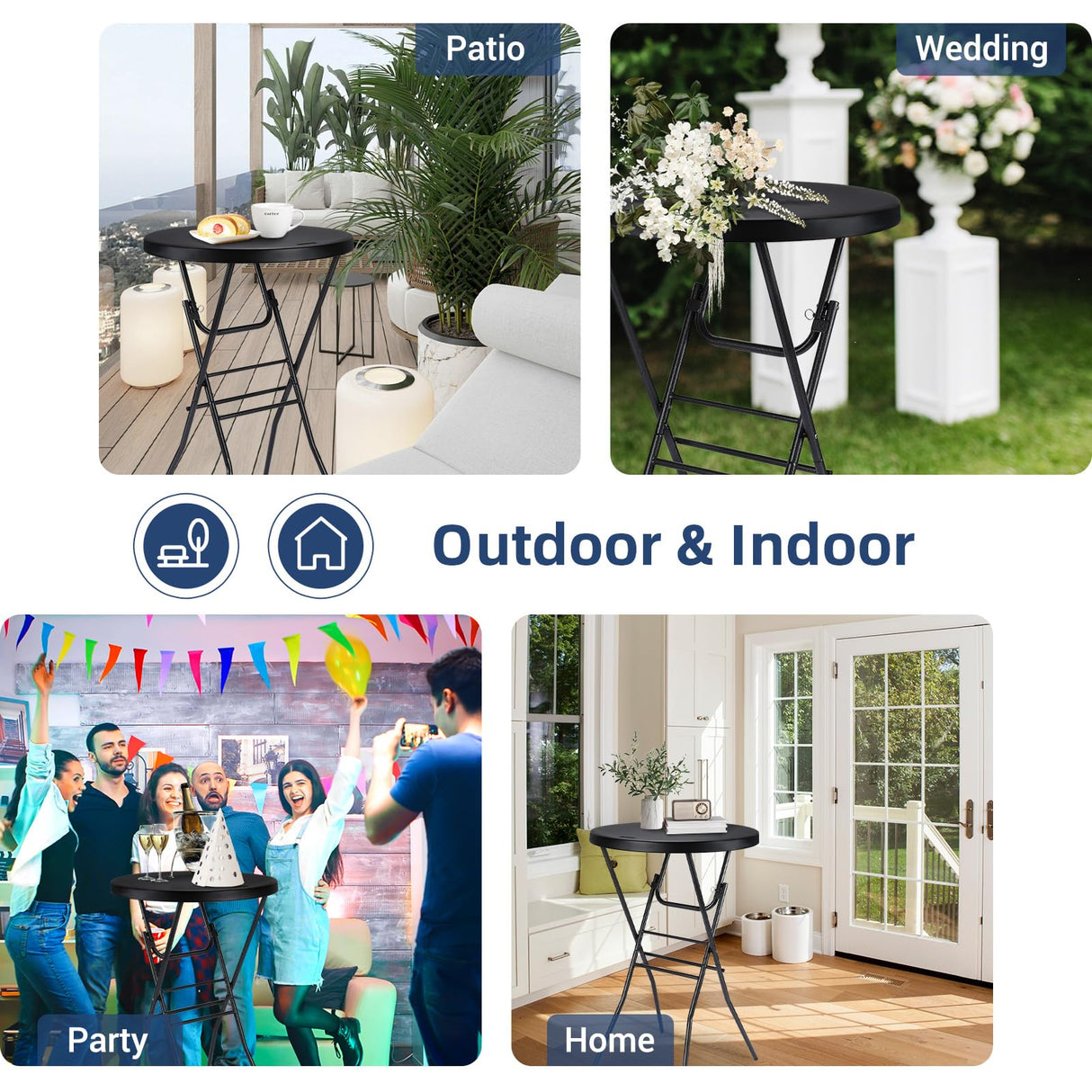 Byliable Cocktail Table 28in Folding Round High Top Indoor Outdoor with Removable Legs, Tall Bistro Foldable Bar Height Table for Parties, Patio, Backyard, Dining Room, Events, Black- 2PCS Byliable