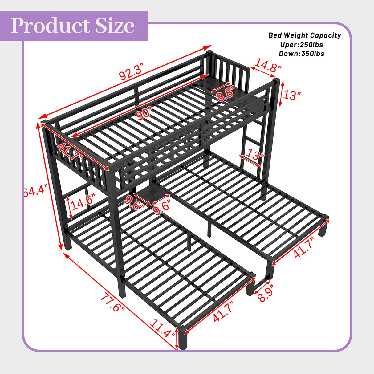 Aurnienofus Triple Bunk Bed Twin XL & Twin Over Twin with LED & Charging Station, Metal Detachable Bunk Bed for 3 Kids, Girls Boys Teens,Bunk Beds with Guardrails and Ladder, Black Aurnienofus