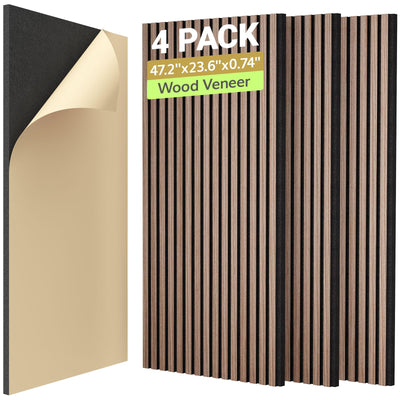 TONOR 4-Pack Acoustic Wood Veneer Wall Panels, 47.2” * 23.6” * 0.74” 3D Self-adhesive Panel, Dual layer Soundproof Tiles for Echo Absorption, Decorative Acoustical Barrier, Walnut Brown Veneer