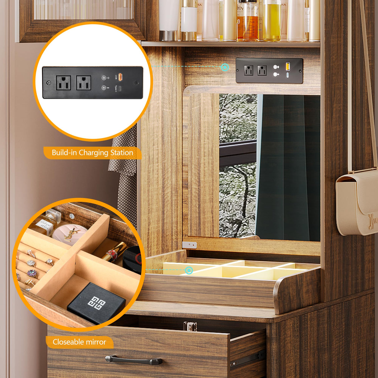 Vlsrka 70" H Vanity Desk with Mirror and Lights, Vanity Set with Hidden Stool, Drawers, Power Outlet, Makeup Dressing Table for Small Spaces, Brown Vlsrka