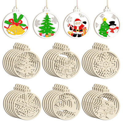 36PCS Wooden Hollow Christmas Ornaments for Paint Christmas Tree Decorations 6 Styles, DIY Blank Unfinished Wood Reindeer Santa Claus Snowman Snowflake Angle Cutouts for Crafts Winter Hanging Decora