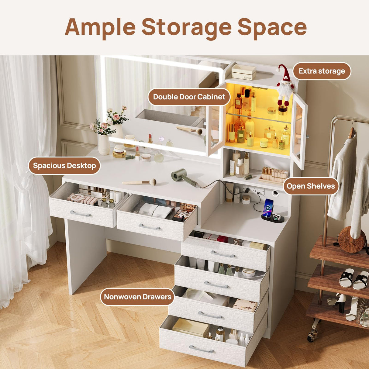 Rolanstar Vanity Desk with Lighted Mirror & Power Outlet, Makeup Vanity with RGB Storage Cabinet, 6 Fabric Drawers & 3 Shelves, 3 Color Modes Dressing Table for Bedroom, Girls, Women, White Rolanstar