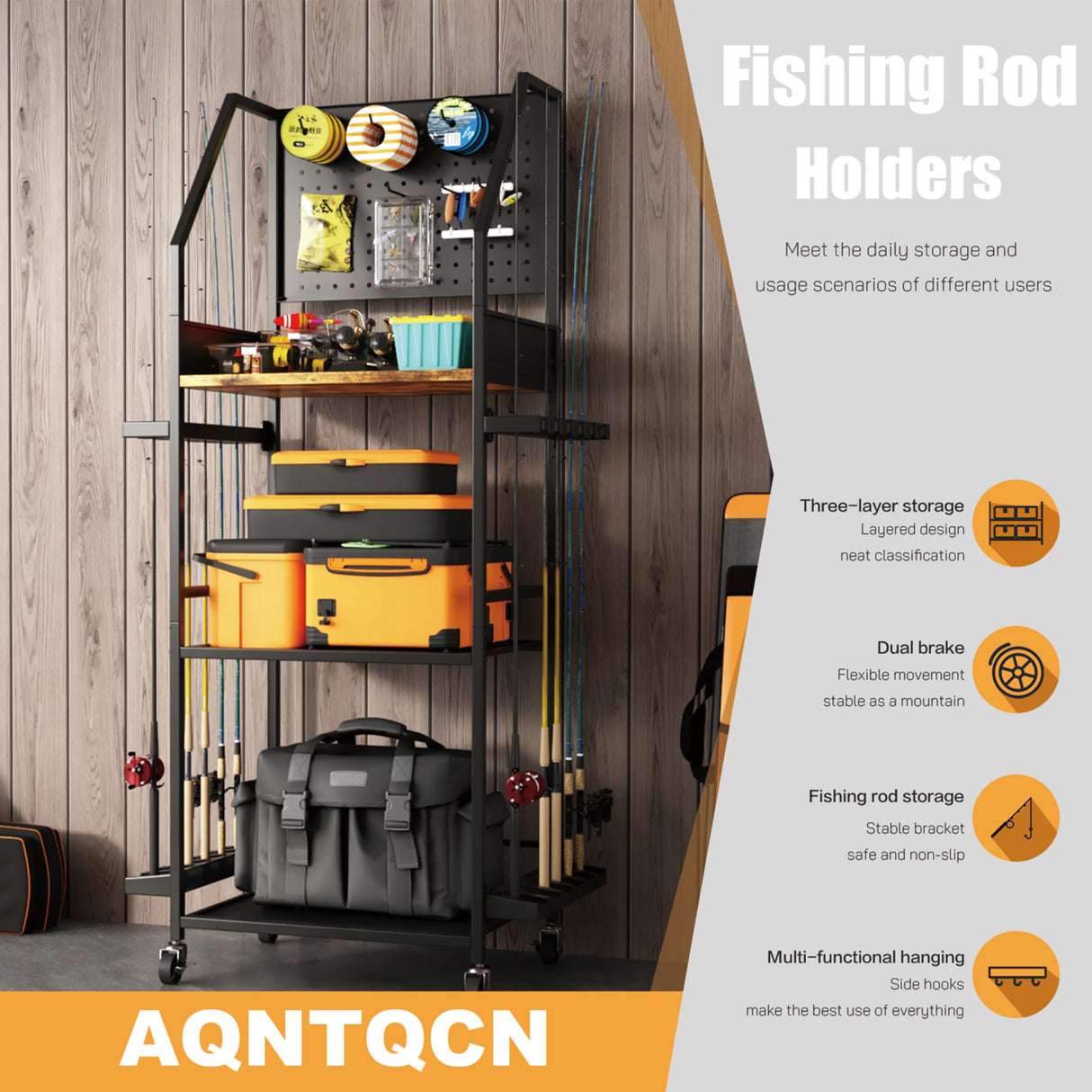 AQNTQCN Fishing Rod Holders for Garage, Fishing Pole Holders, 3-Tier Fishing Pole Rack Holds 12 Rods with Wheels for Garage, Basement or Indoor, For Fishing Rod Tackle Box Storage AQNTQCN