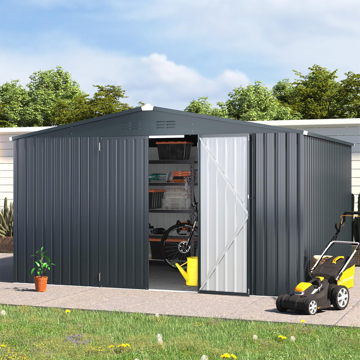 AECOJOY 12' x 12' Outdoor Storage Shed, Dark Grey Large Metal Sheds & Outdoor Storage Clearance Steel Yard Shed with Lockable Doors, Utility and Tool Storage Garden Shed for Backyard AECOJOY