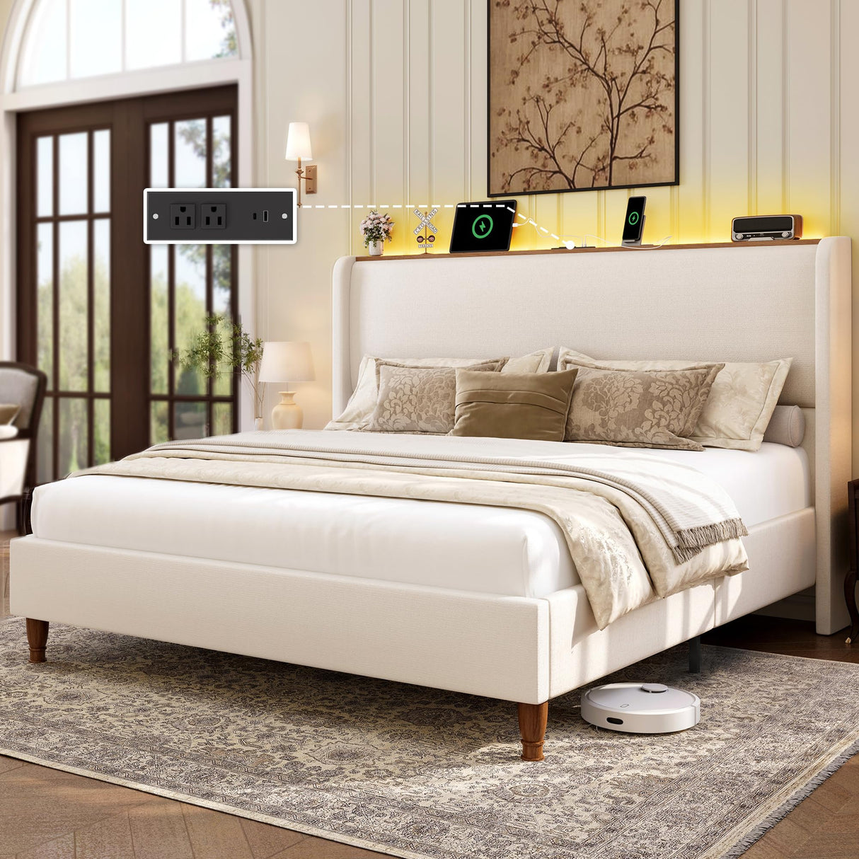 LARMACE King Size Bed Frame with LED Lights and Charging Station Linen Upholstered Platform Bed Frame with 51.2" Tall Wingback Headboard and Storage Shelf, No Box Spring Needed, Easy Assembly, Beige LARMACE