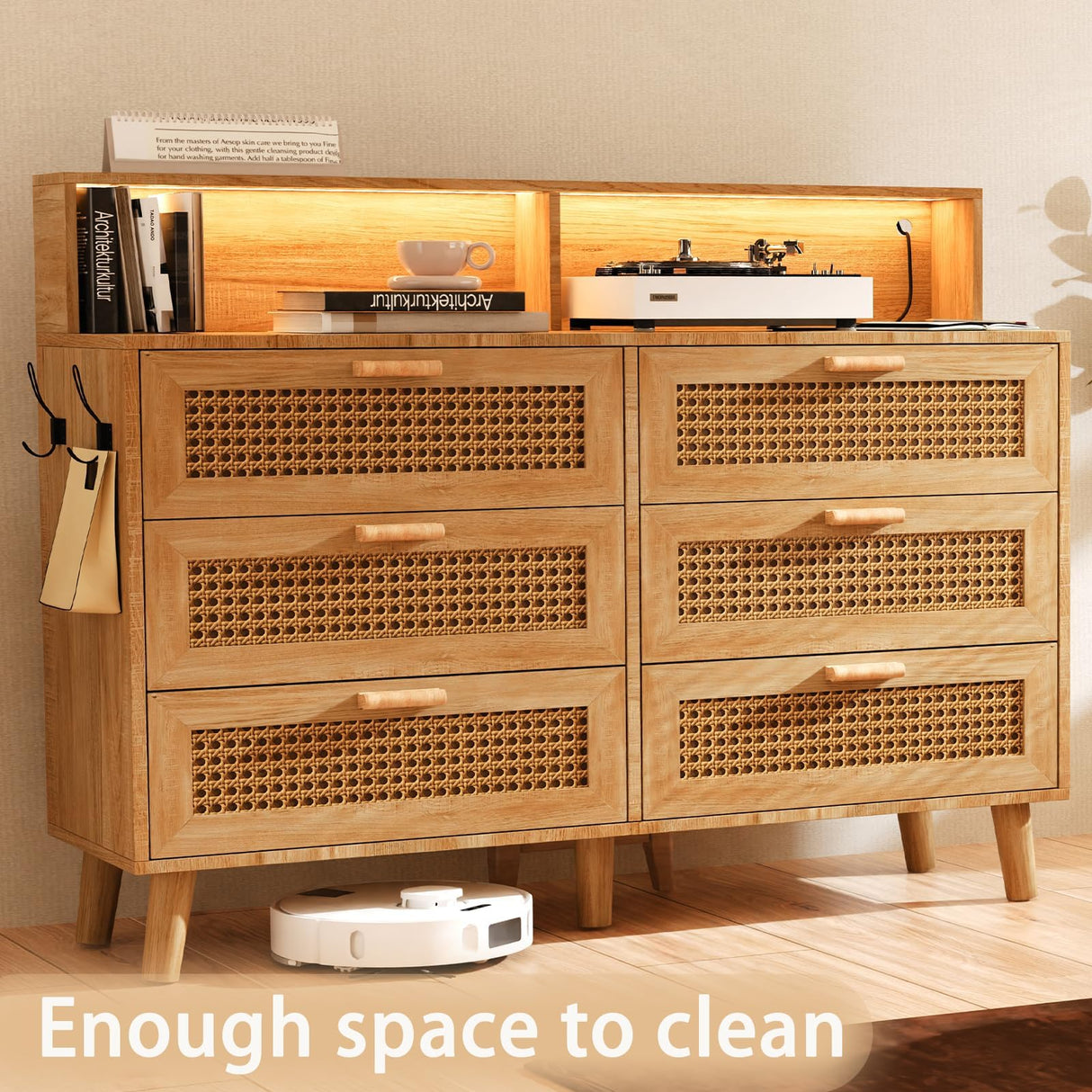 Dresser for Bedroom, 6 Drawer Boho Dresser with LED Light, Rattan Chest of Dressers, Modern Wood Dresser Chest, BesideTable for closet,Storage Organizer Cabinet for Hallway Entryway LivingRoom Natural Hiwelldas