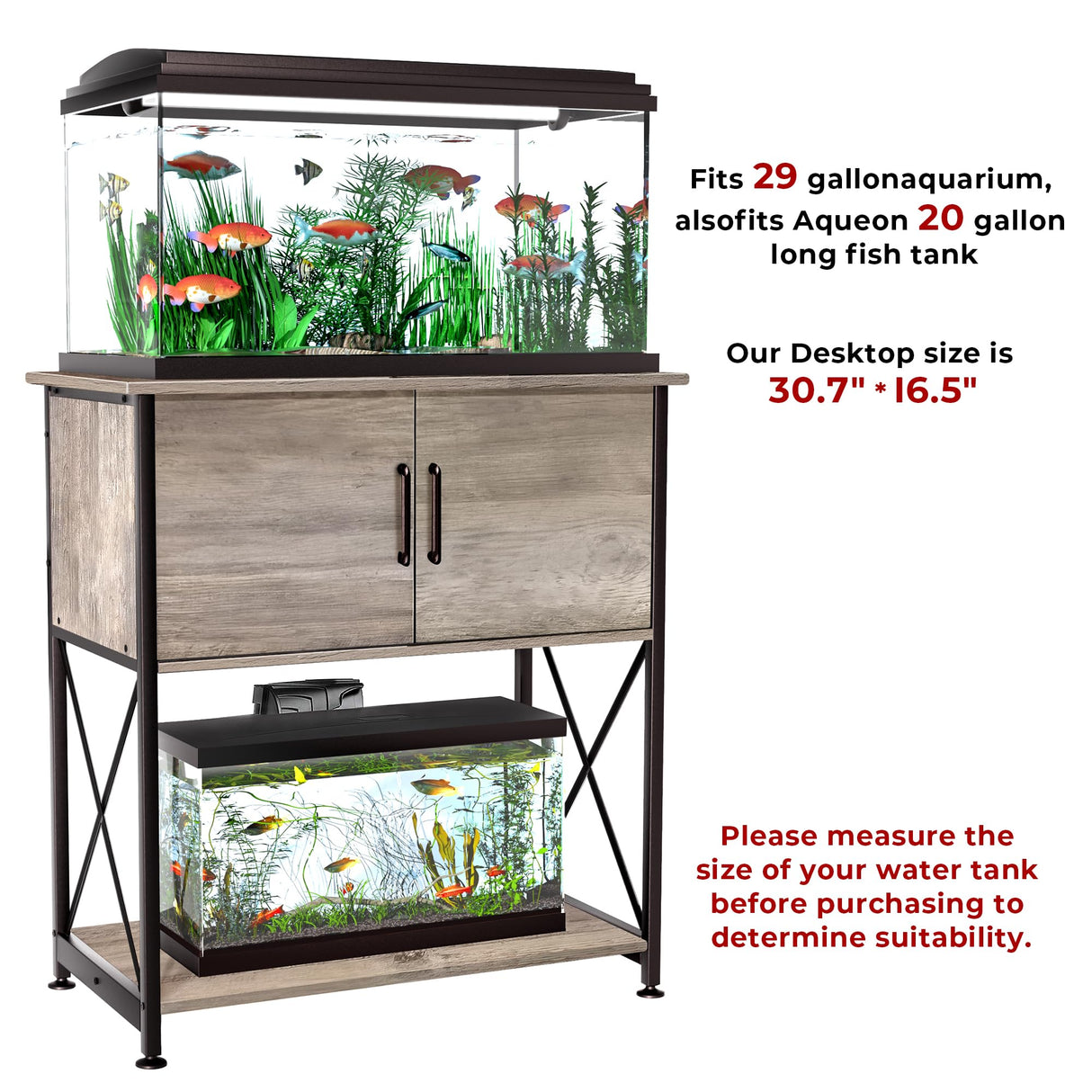 Herture 20-29 Gallon Aquarium Stand Metal Frame Fish Tank Stand with Cabinet Storage, for 20 Gallon Long Aquarium,30.7" L*16.5" W Tabletop,330LBS Capacity Grey PG01YGZ Herture