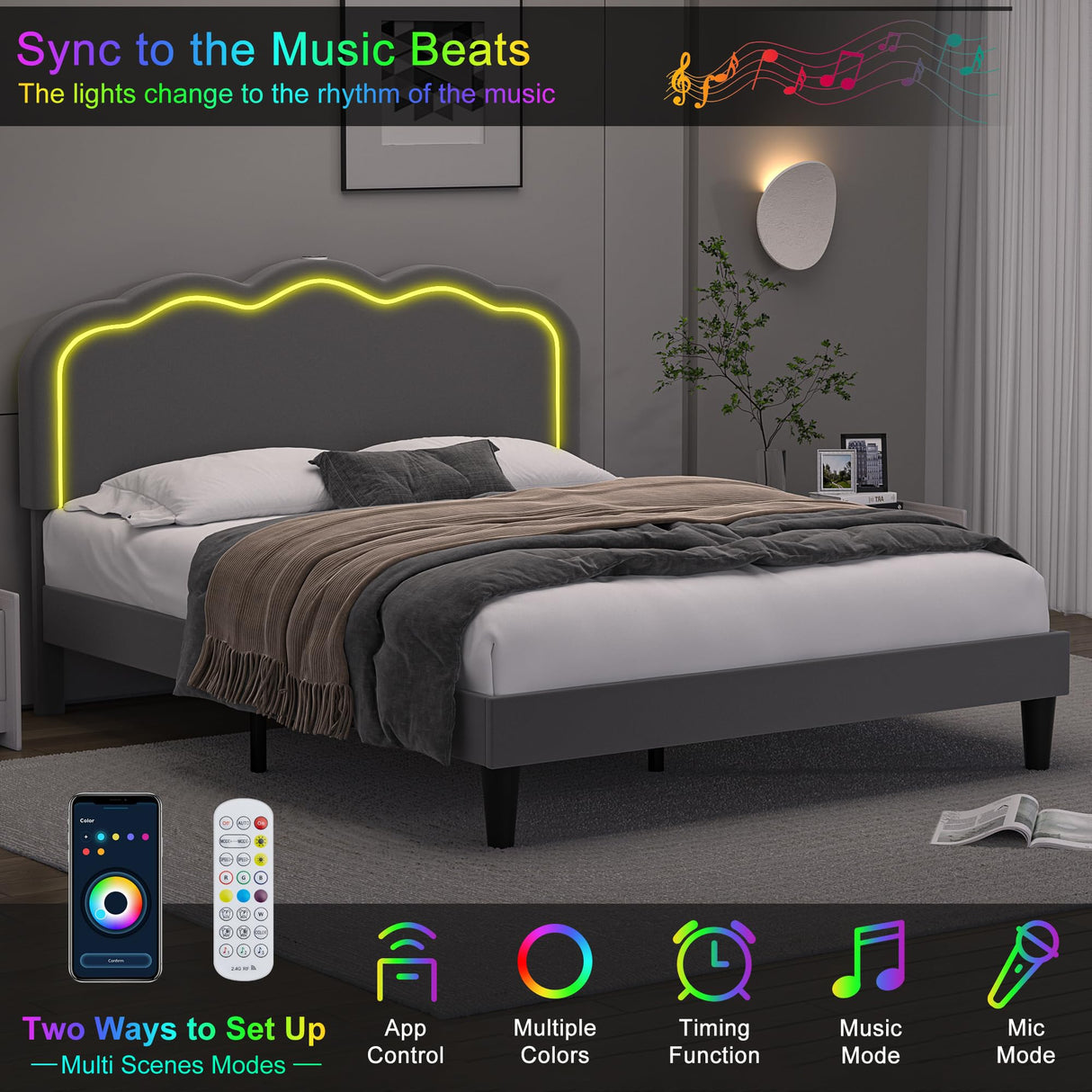 VECELO Upholstered Full Bed Frame with Headboard Adjustable, LED Lights, USB-A & Type-C, Velvet Platform Bed Noise Free, Mattress Foundation with Wooden Slats, No Box Spring Needed, Dark Grey VECELO