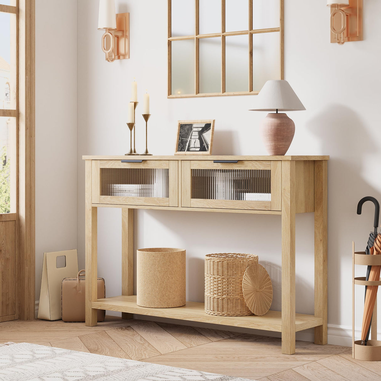 CABIHOME Entryway Table, Wood Console Table with 2 Glass Drawers, 2 Tier Sofa Table with Storage for Living Room, Foyer Tables for Entryway-Burlywood CABIHOME