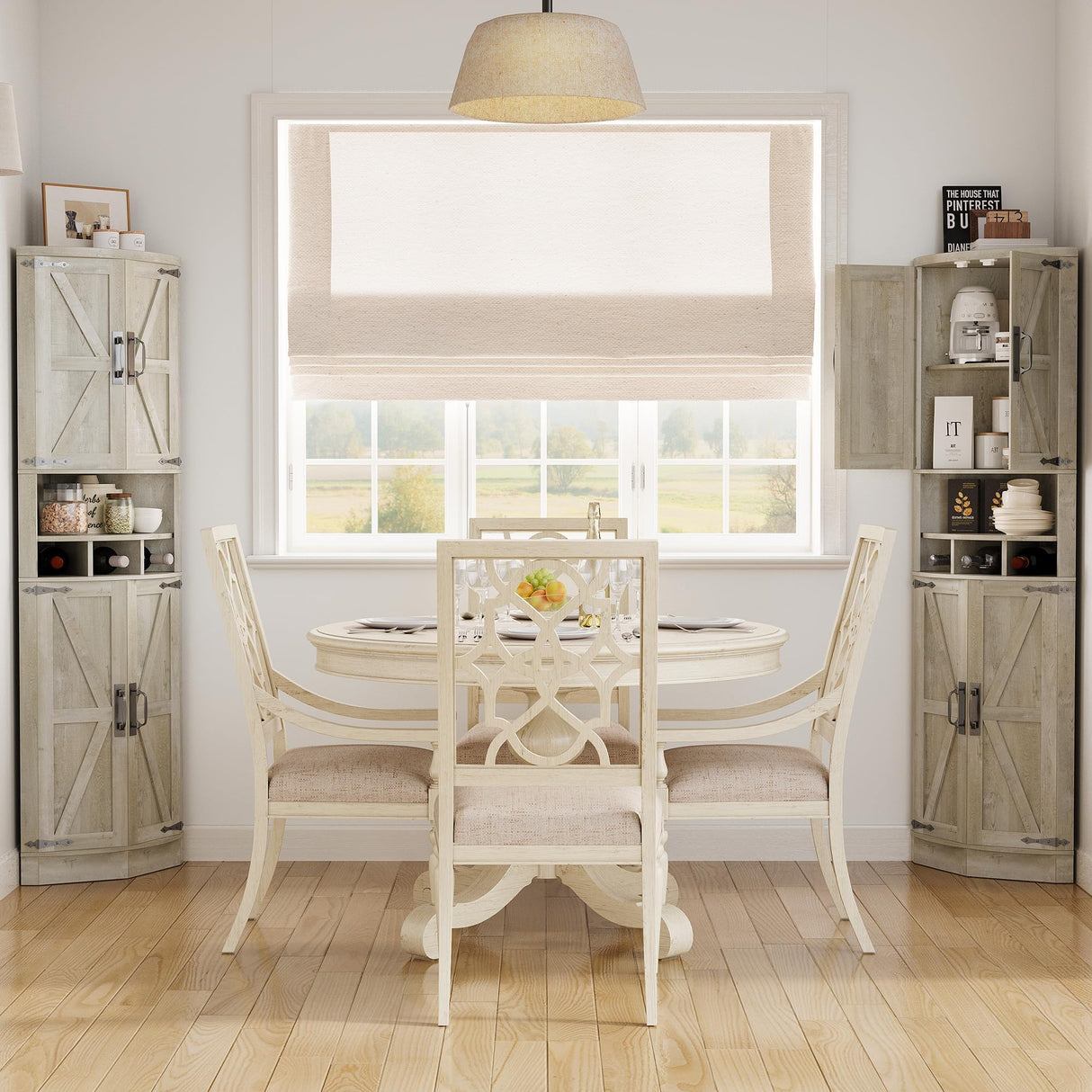 IRONCK Tall Corner Cabinet with 3 Wine Racks, Farmhouse Storage Cabinet with 4 Doors and Adjustable Shelves, Barn Door Design, Corner Bar Cabinet for Living Room, Kitchen, Laundry Room Rustic Maple IRONCK