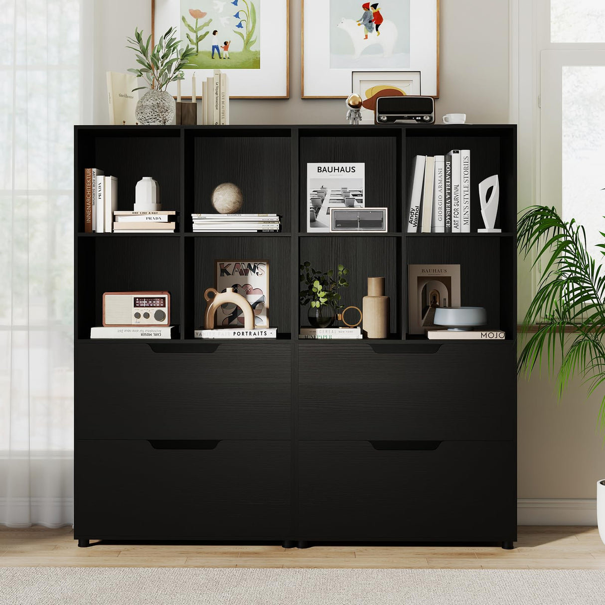Giantex Bookcase with 2 Drawers, 51” Tall Floor Bookshelf w/4 Cubes, Anti-tip Kits, Freestanding Display Rack, Cubby Storage Organizer for Study, Living Room, Home Office, Black Giantex