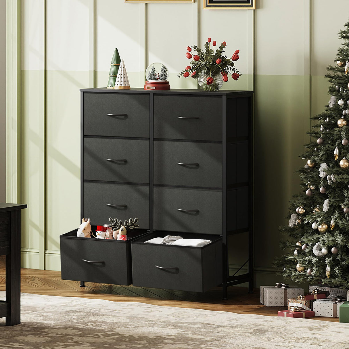 WLIVE Fabric Dresser for Bedroom, Tall Dresser with 8 Drawers, Storage Tower with Fabric Bins, Double Dresser, Chest of Drawers for Closet, Living Room, Hallway, Charcoal Black WLIVE