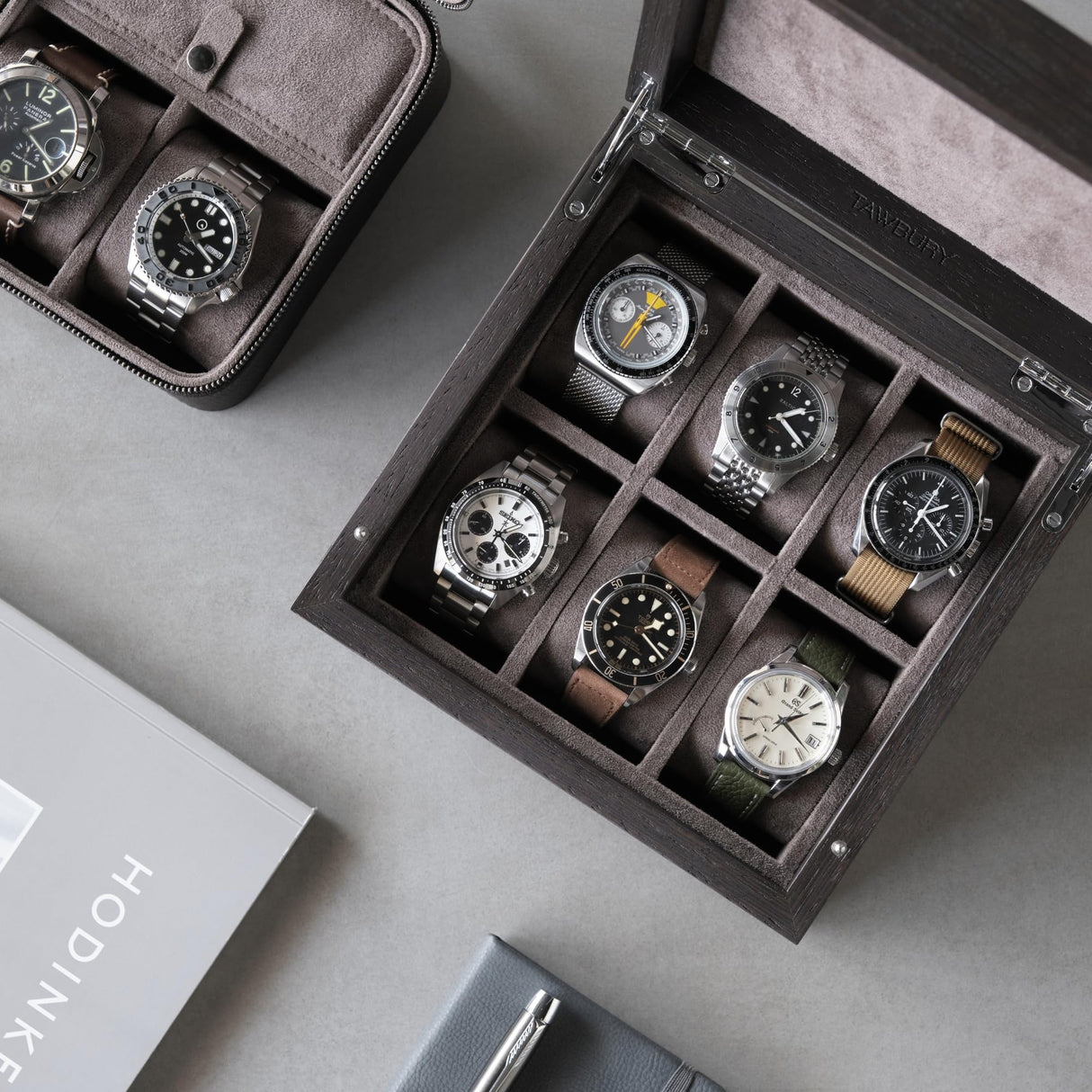 TAWBURY 6 Slot Wood Watch Box - Unisex Wooden Watch Box Crafted from Exquisite Kassod Wood | Compact Design, Fully Lined Interior, Soft-Close Metal Hinges, Push-Latch Locking System TAWBURY