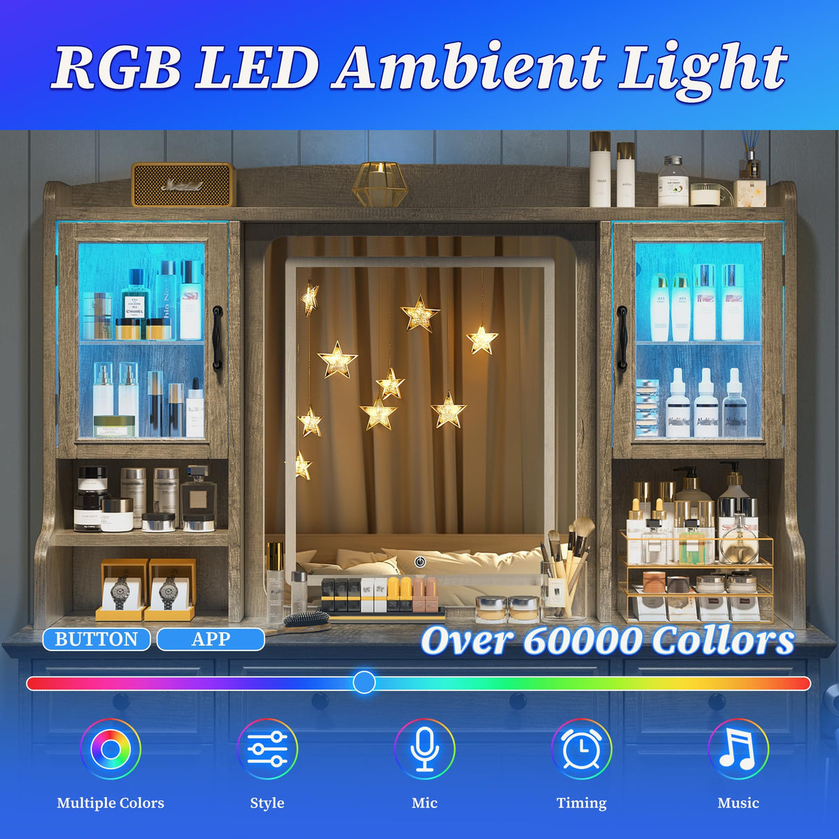 EnHomee Farmhouse Vanity Desk with LED Lighted Mirror, Makeup Vanity Table with RGB Cabinets and Lots Storage, 5 Drawers and 6 Storage Shelves for Bedroom and Dressing Room, Dark Oak EnHomee