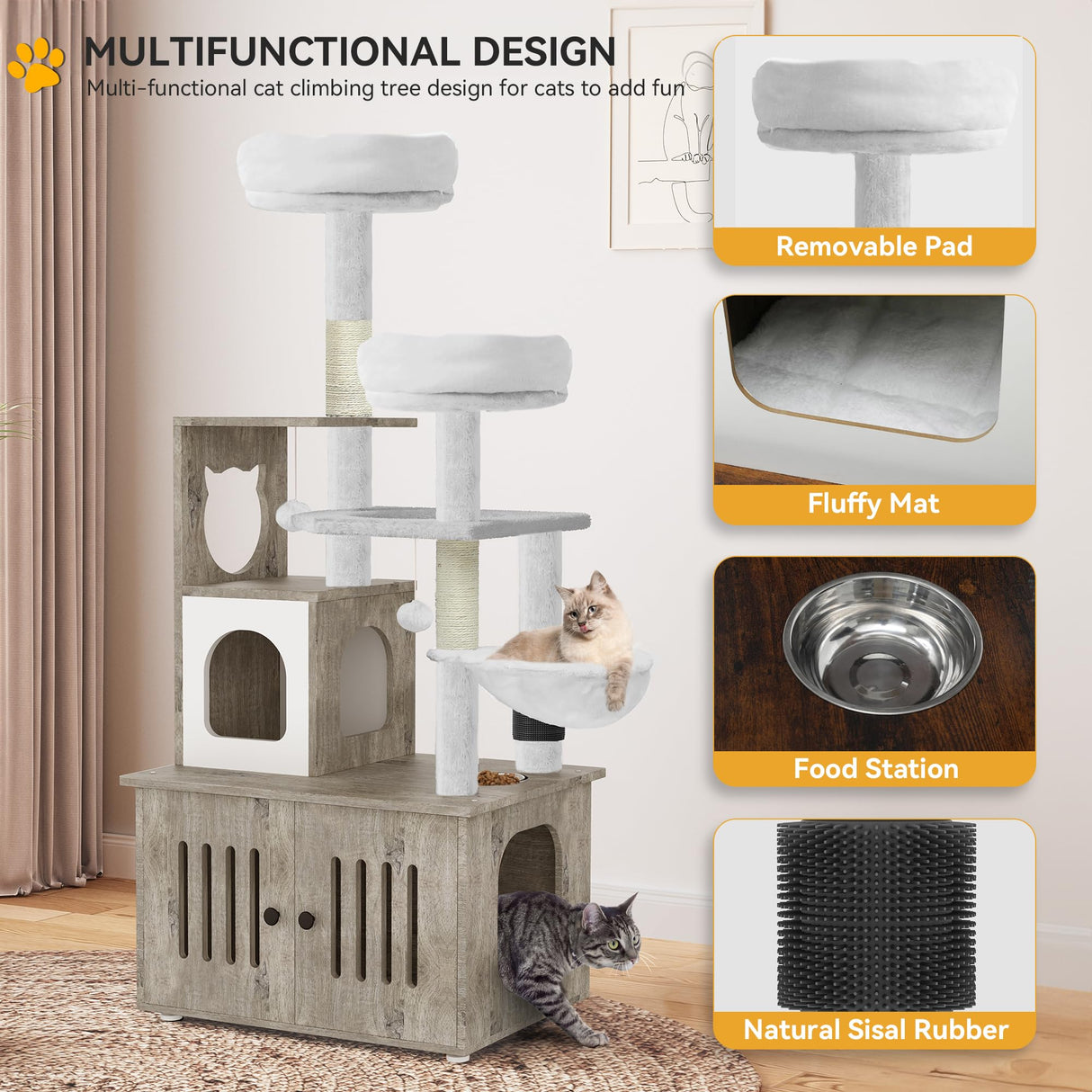 YITAHOME 59 Inch Cat Tree with Litter Box Enclosure, 2-in-1 Cat Furniture Condo, Indoor Cat Tower with Wood House, Perch, Feeding Station, Hammocks, Scratch Post, Hair Brush, Gray YITAHOME