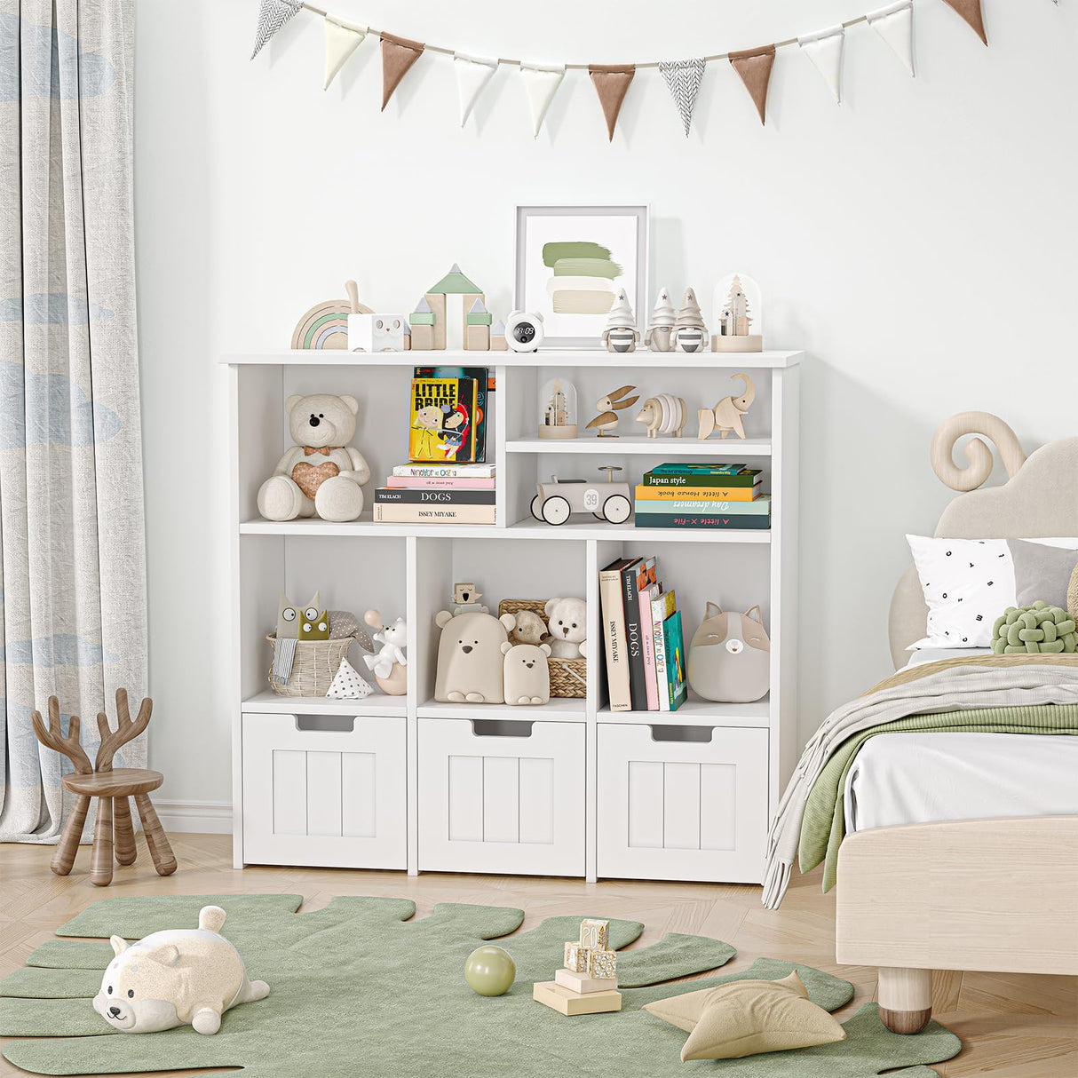 Kids Bookcase Toy Storage Organizer Toy Chest with 3 Movable Drawers & Hidden Wheels Toy Storage Cabinet for Bedroom, Playroom, Nursery, White MilleLoom