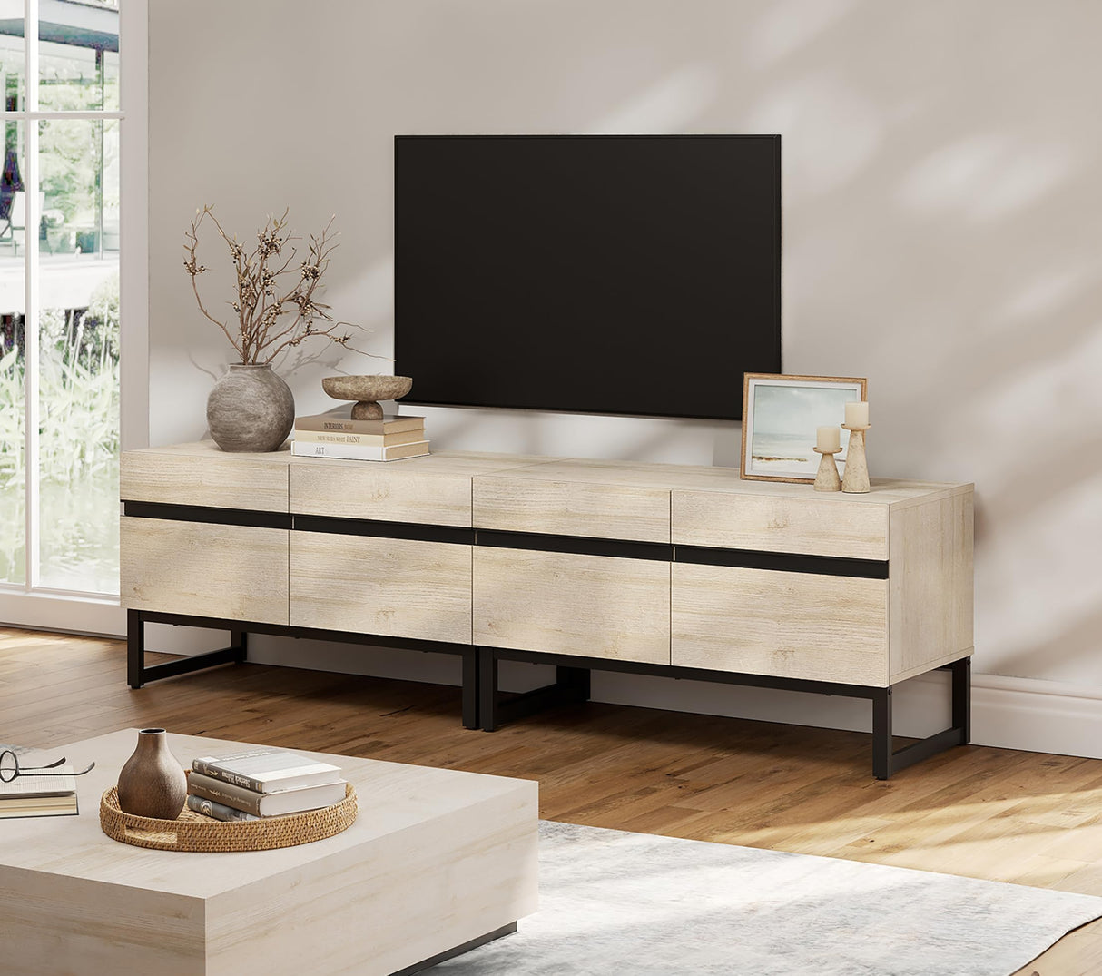 WAMPAT Modern TV Stand for TVs up to 75 inch, 2 in 1 Entertainment Center TV Console with Storage Cabinets and Metal Base,Media Console for Living Room,Light Oak WAMPAT