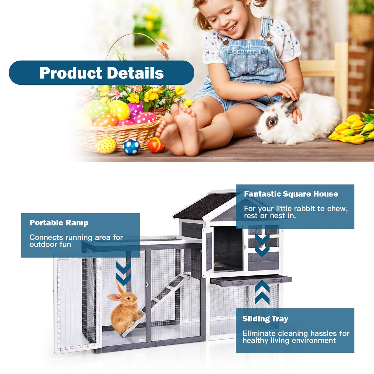 Tangkula Rabbit Hutch, Indoor Outdoor Bunny Cage with Run, Wooden Rabbit Cage with Waterproof Roof & Pull Out Tray, Chicken Coop Pet House for Rabbits, Chicken and Guinea Pigs (Gray) Tangkula