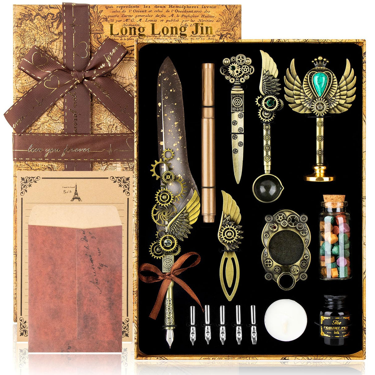 LongLongJin Quill Pen Ink Set with Seal Stamp - Feather Calligraphy Pen and Ink Set, Wax Seal Stamp Kit, Calligraphy Copybook,Beginner Calligraphy Quill Pen Lovers of All Ages Selection Gift (Grey) LongLongJin