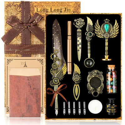 LongLongJin Quill Pen Ink Set with Seal Stamp - Feather Calligraphy Pen and Ink Set, Wax Seal Stamp Kit, Calligraphy Copybook,Beginner Calligraphy Quill Pen Lovers of All Ages Selection Gift (Grey)