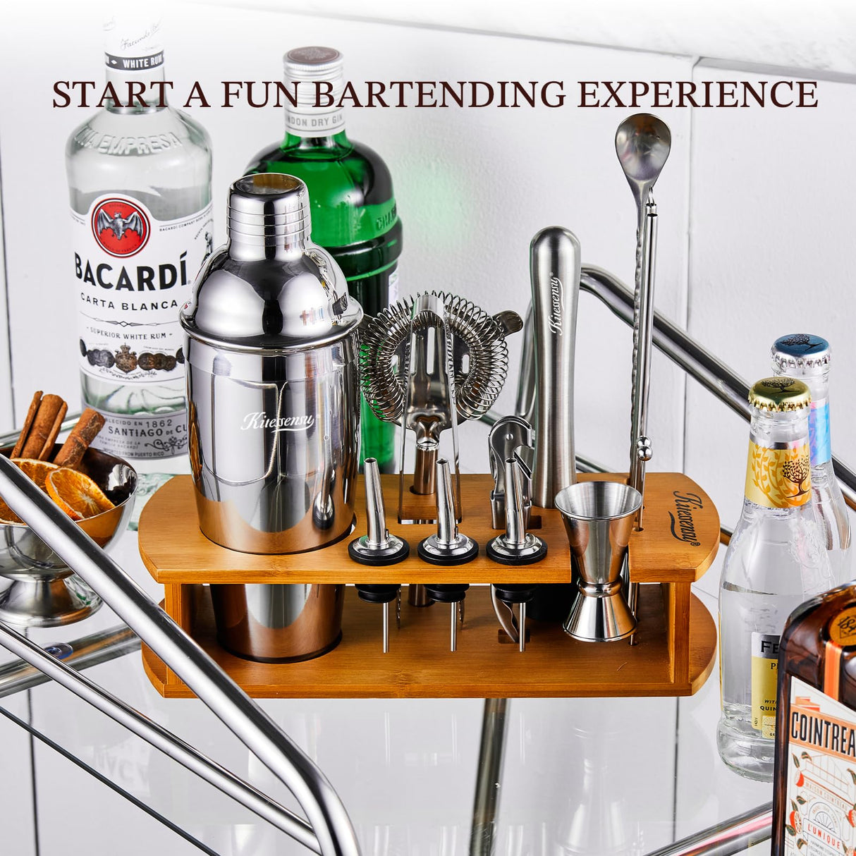 KITESSENSU Cocktail Shaker Set Bartender Kit with Stand | Bar Set Drink Mixer Set with All Essential Accessory Tools: Martini Shaker, Jigger, Strainer, Mixer Spoon, Muddler, Liquor Pourers |Silver KITESSENSU