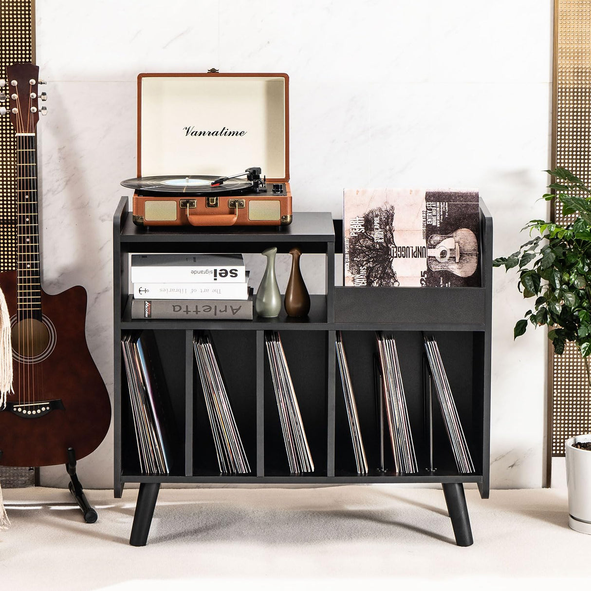 UODERS Record Player Stand, Large Record Player Table Cabinet with Open Vinyl Storage and Display Shelf Holds up to 350 Albums, Mid Century Wood Turntable for Living Room, Bedroom UODERS