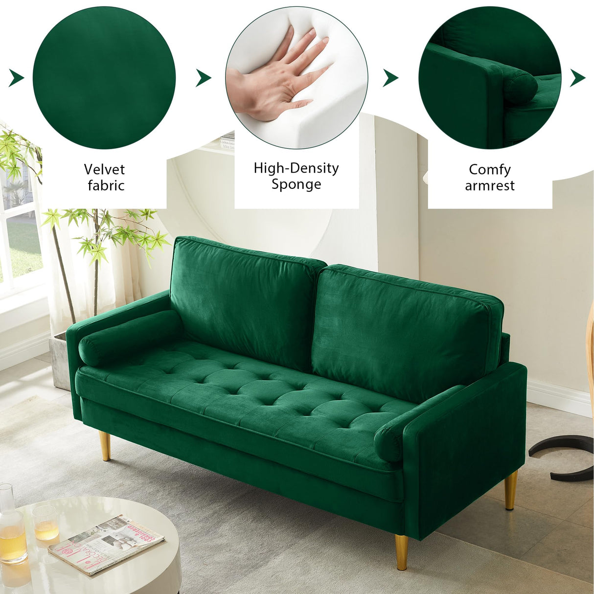 Hdxdkog Velvet Loveseat Sofa,Mid Century Modern Small Love Seats Furniture Comfy Couch for Living Room, Upholstered 2 Seater Sofa for Small Apartment (Green, 66.9 Inch) Hdxdkog